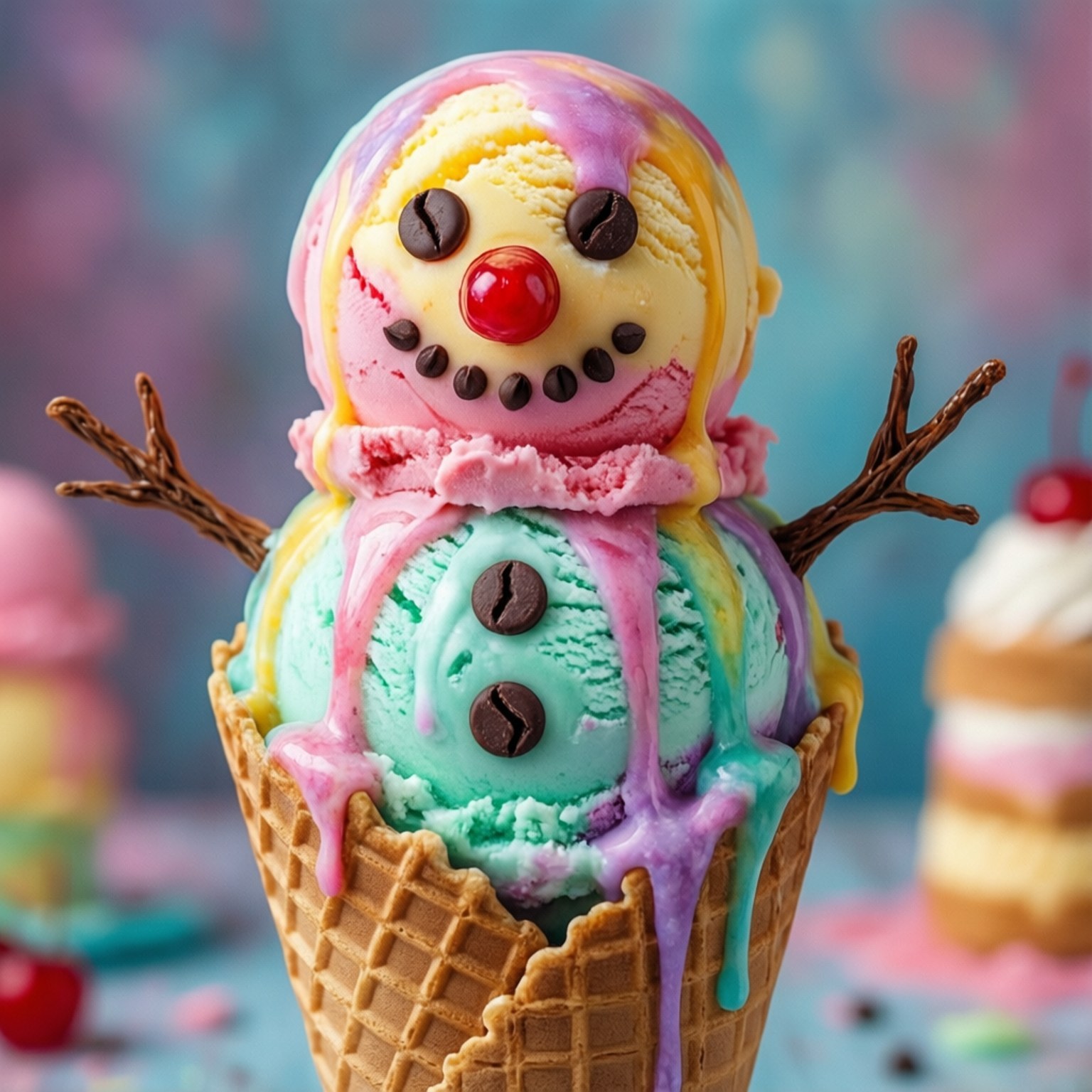 Ice Cream Snowman Dessert 壁紙 — 一個用彩虹冰淇淋球製成的奇趣雪人，放在鬆餅筒上，有巧克力碎眼睛和櫻桃鼻子。