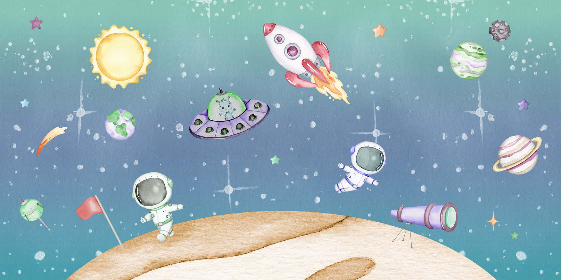  壁紙 — 一幅異想天開的水彩太空場景，有太空人、外星人和火箭在行星和星星之間漂浮。
