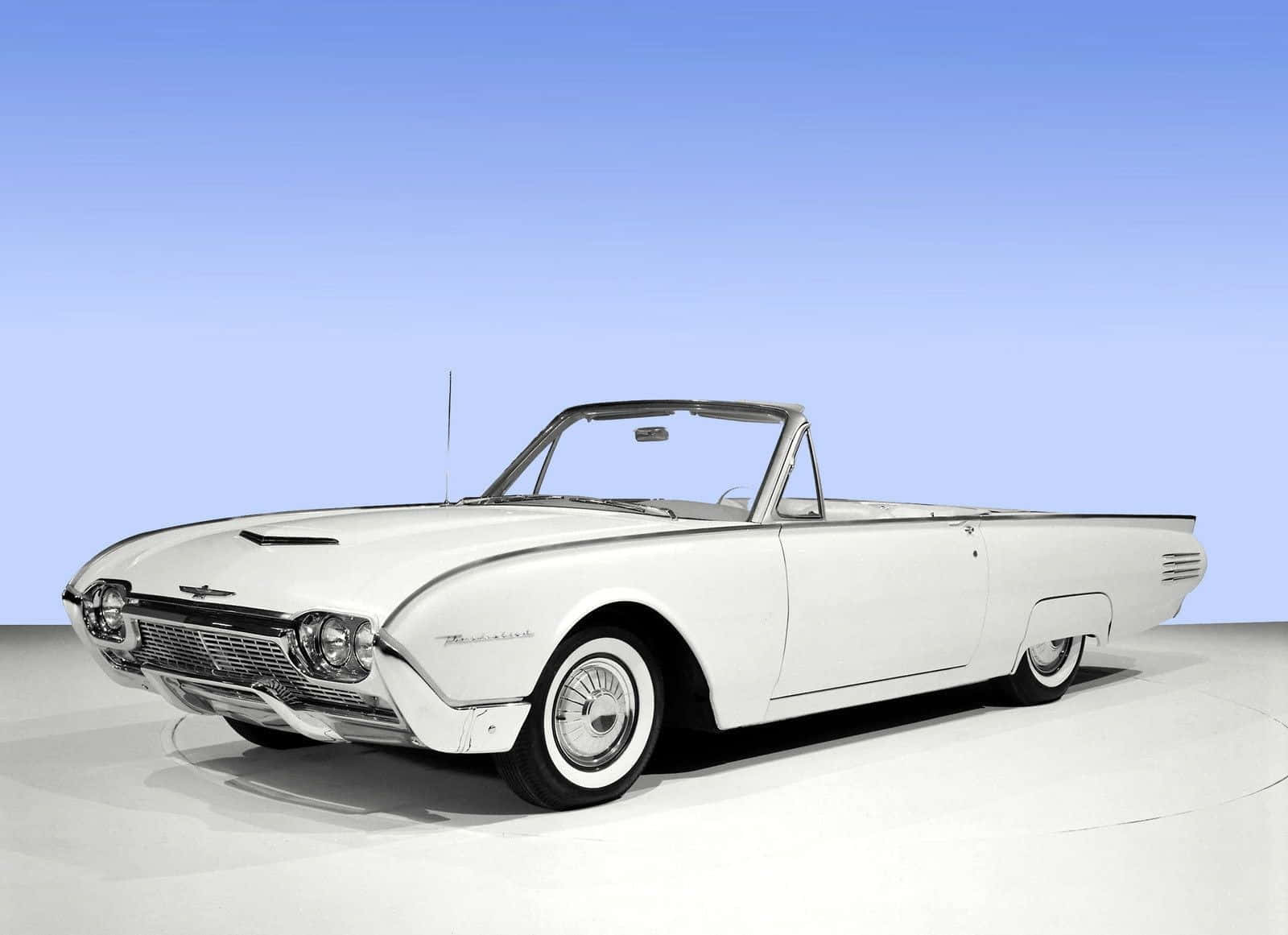 Ford Thunderbird 桌布 壁紙 — 一輛純白色的1960年代福特雷鳥敞篷車在攝影棚燈光下閃閃發光，背景為藍色漸層。