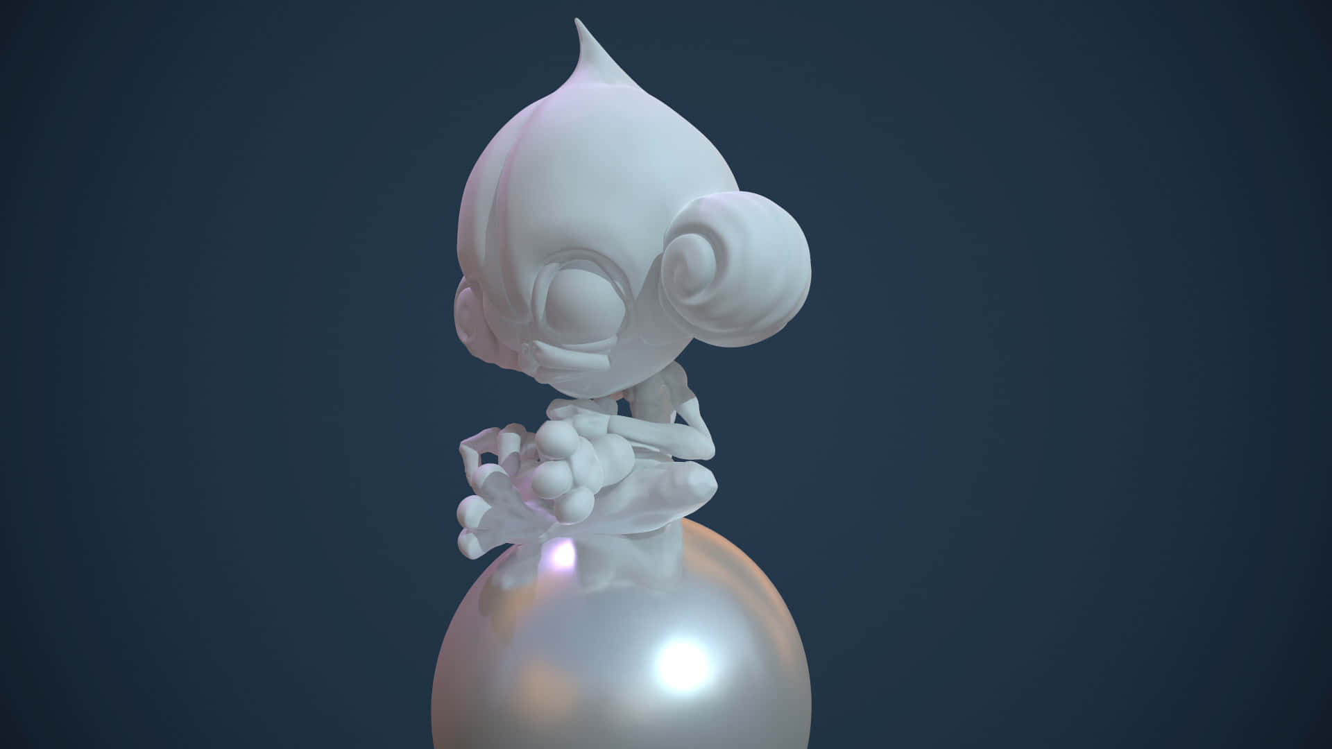 白色3D生物坐在閃亮的銀色球體上，背景是深藍色 — 3D 壁紙
