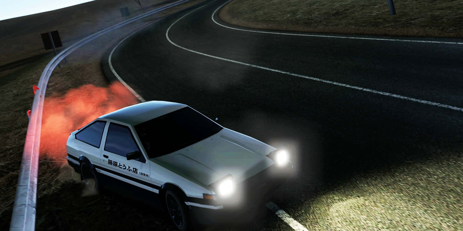 白色AE86在夜晚的蜿蜒道路上飄移，帶有紅色輪胎煙霧。 — Toyota Supra 壁紙