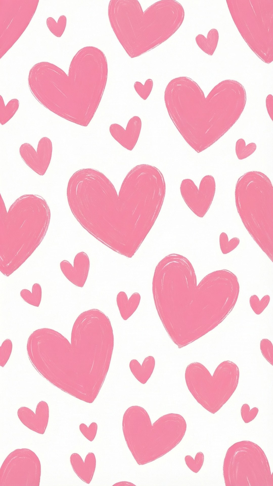 Pink Hearts Pattern 壁紙 — 白色背景上散落著各種大小的粉紅色愛心，邊緣帶有柔軟的筆觸效果。