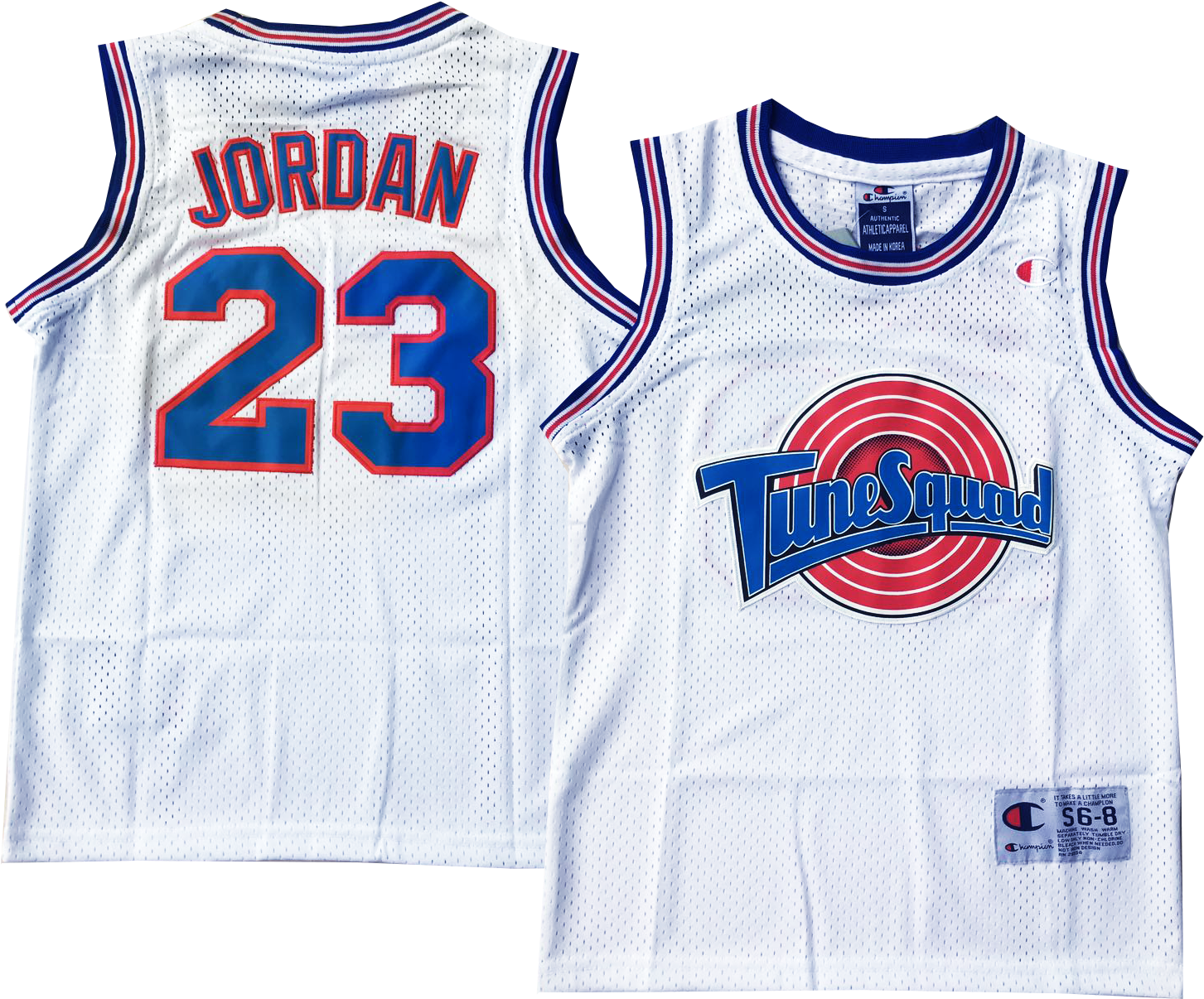 白色籃球球衣正面和背面展示 Jordan 23 和 Tune Squad 標誌。 — Jordan 壁紙