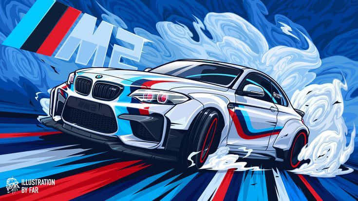 白色BMW M2賽車在藍色和紅色賽道上飄移，帶有煙霧痕跡 — 跑車 壁紙