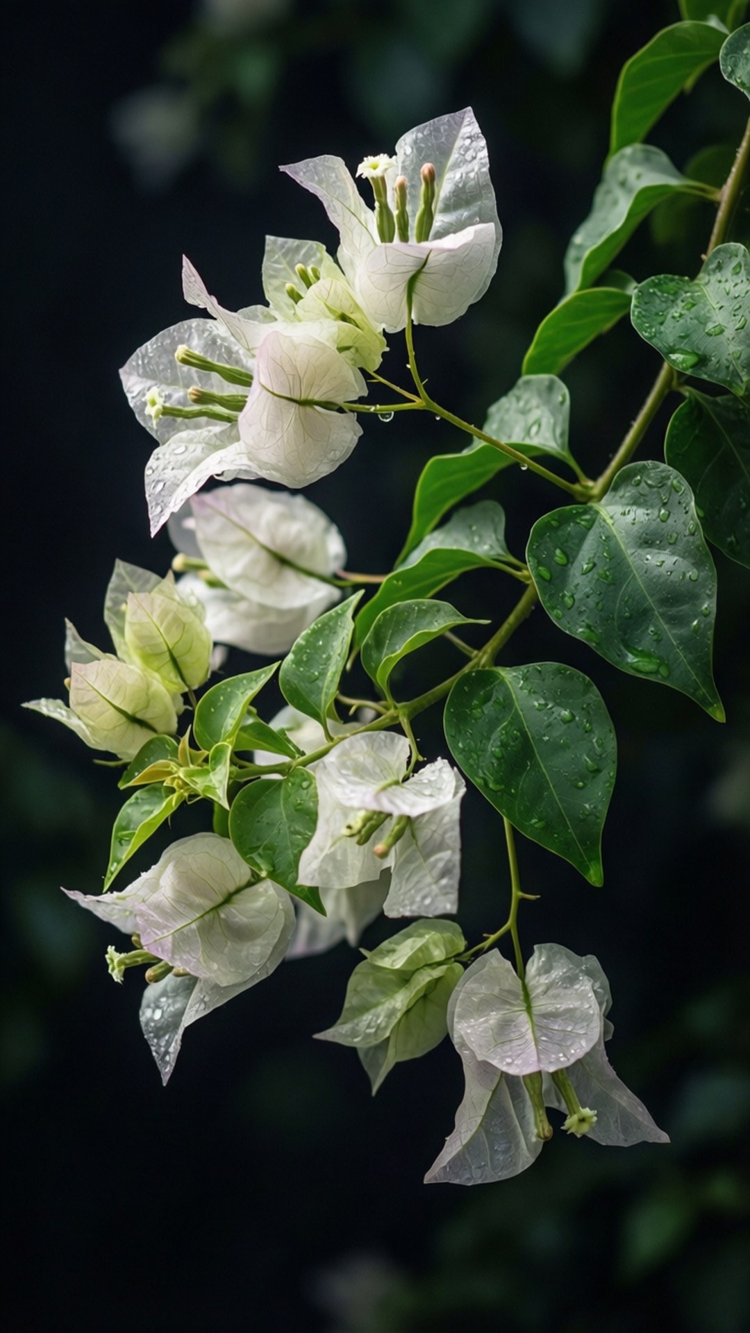 White Bougainvillea Dew 壁紙 — 白色九重葛花和綠葉在黑暗模糊的背景上閃爍著雨滴。