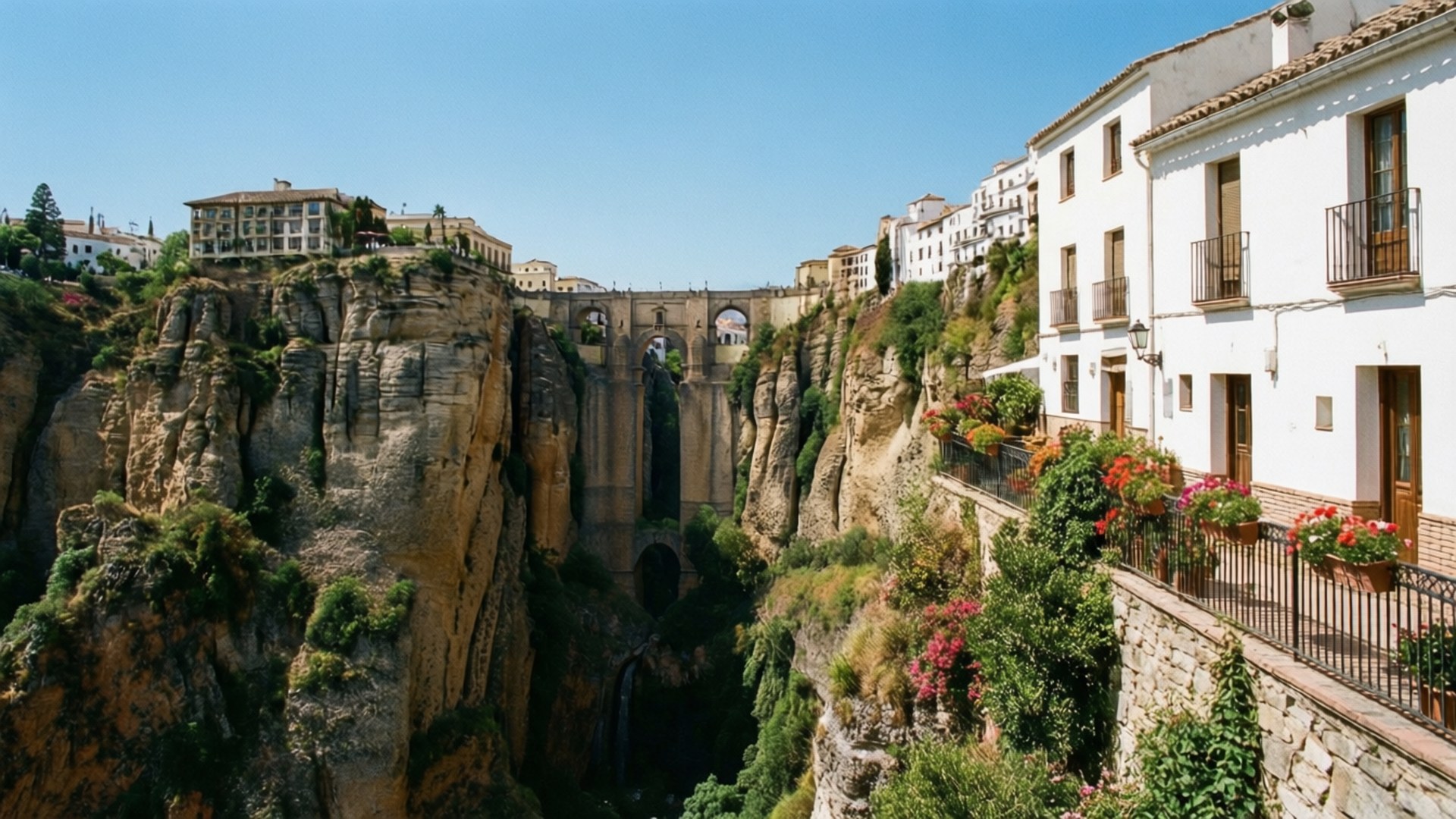 Ronda Gorge White Houses 壁紙 — 白色建築物依附在陡峭的懸崖上，俯瞰著深谷，一座石橋橫跨峽谷，天空清澈湛藍。