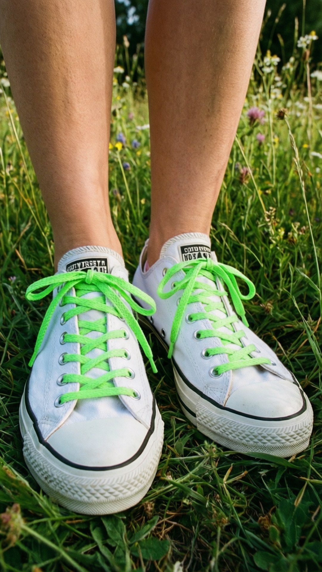 White Converse Sneakers 壁紙 — 白色Converse運動鞋搭配螢光綠色鞋帶，立於點綴野花的草地上。