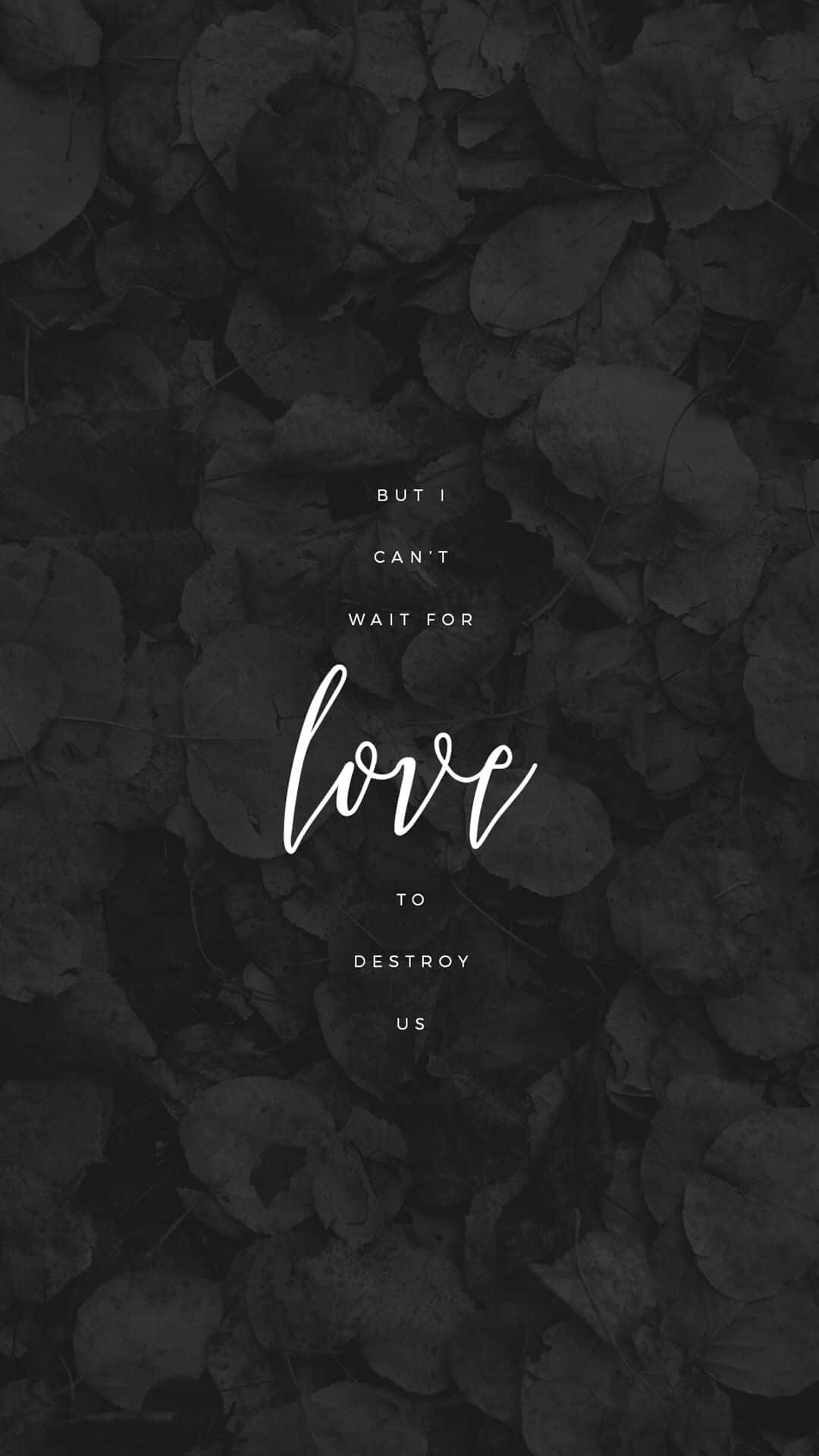  壁紙 — 白色草書文字寫著「but i can't wait for love to destroy us」，背景是深色紋理的重疊樹葉。