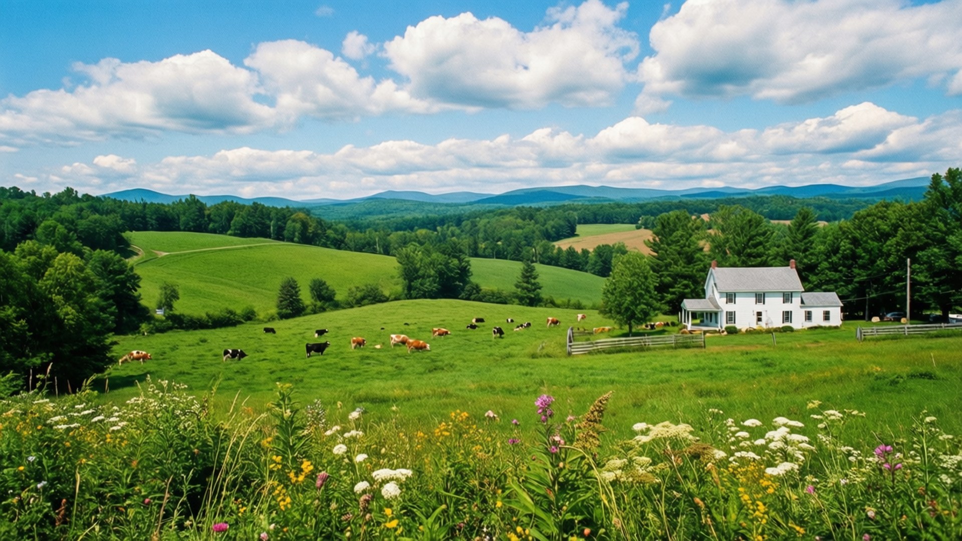 Summer Pastoral Vermont 壁紙 — 一間白色農舍坐落在充滿活力的綠色牧場中，牧場上點綴著正在吃草的牛群，上方是佈滿蓬鬆雲朵的明亮藍天。