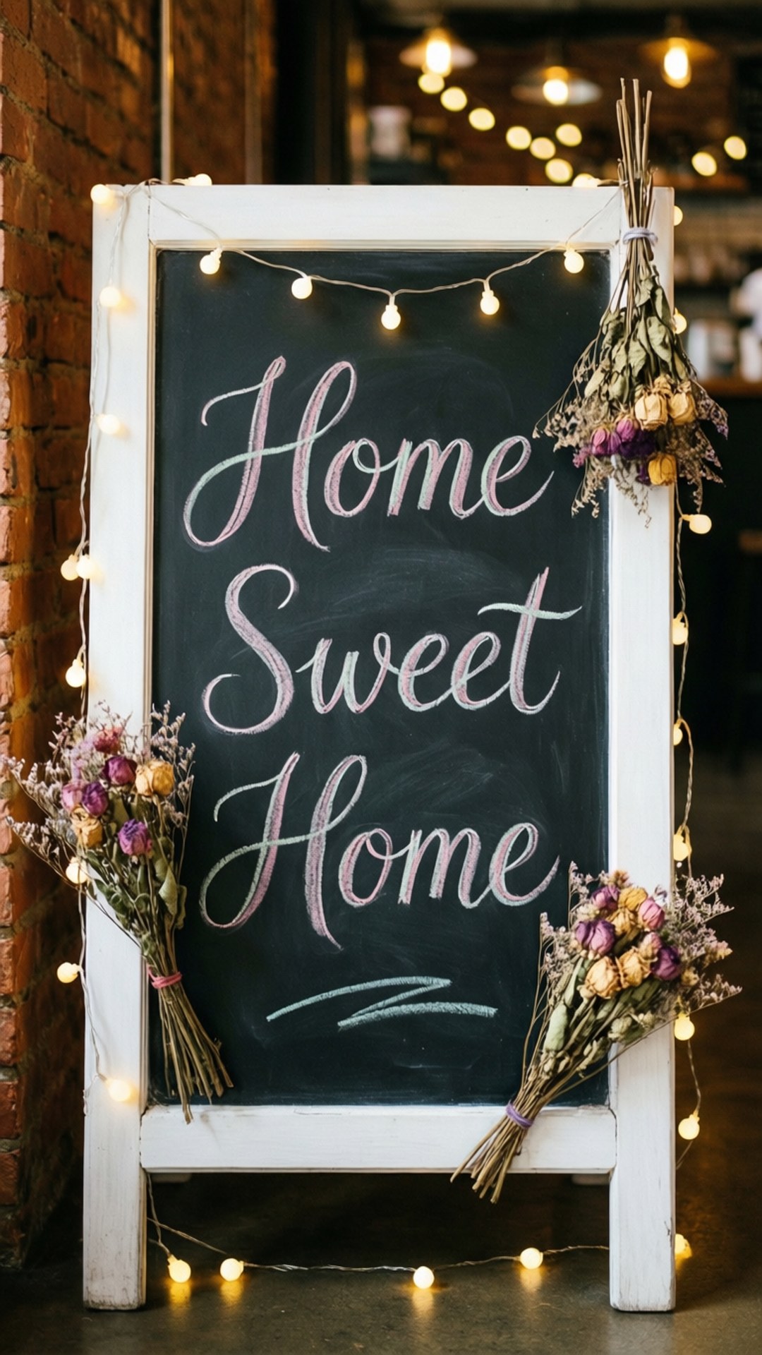 Chalkboard Fairy Lights 壁紙 — 一個白色邊框的黑板展示粉紅色草書的「Home Sweet Home」，周圍環繞著燈串和乾花花束，背景是磚牆。