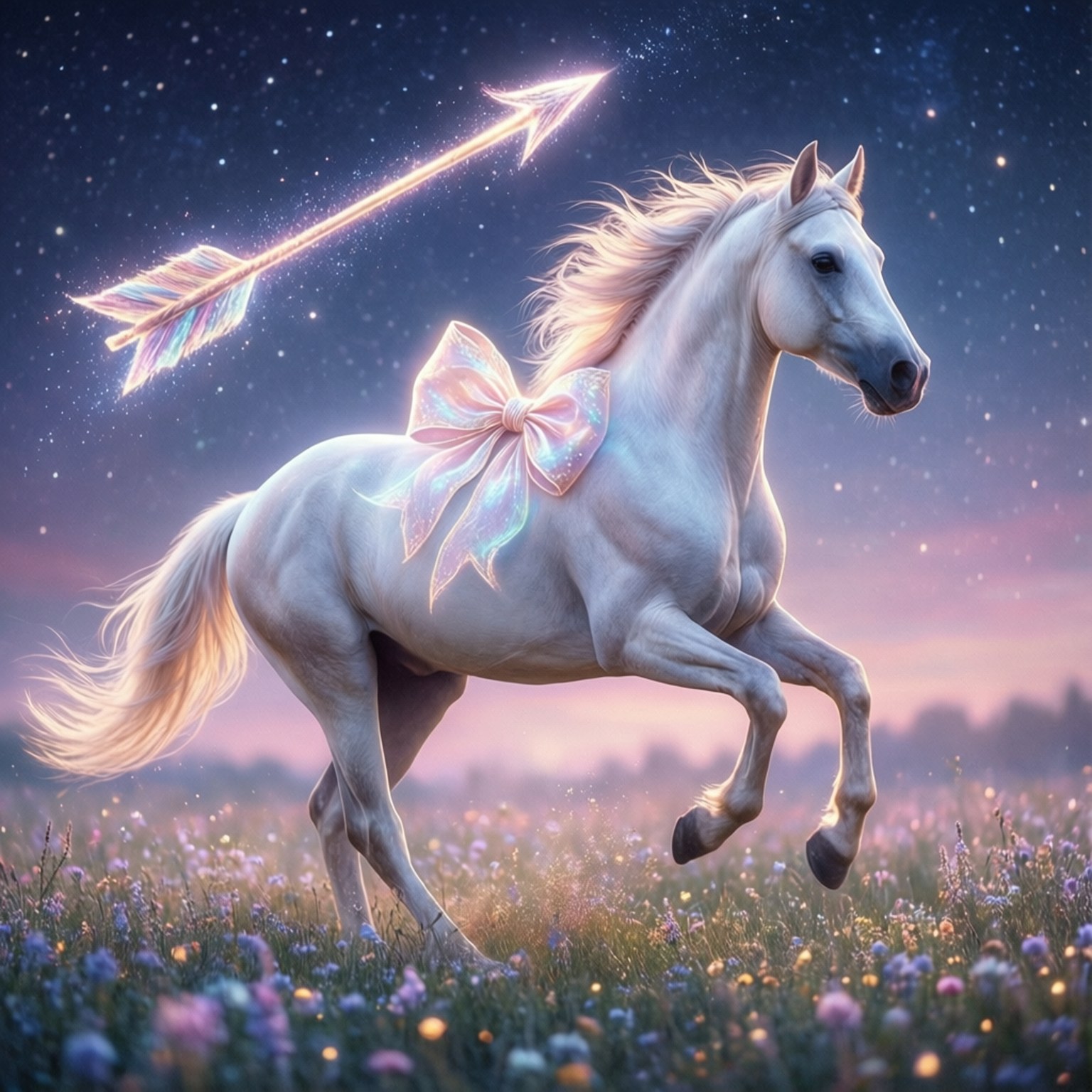 Starry Horse Archer 壁紙 — 一匹雄偉的白馬，帶著發光的箭和彩虹色的弓，奔馳在星光燦爛的紫色花田上。