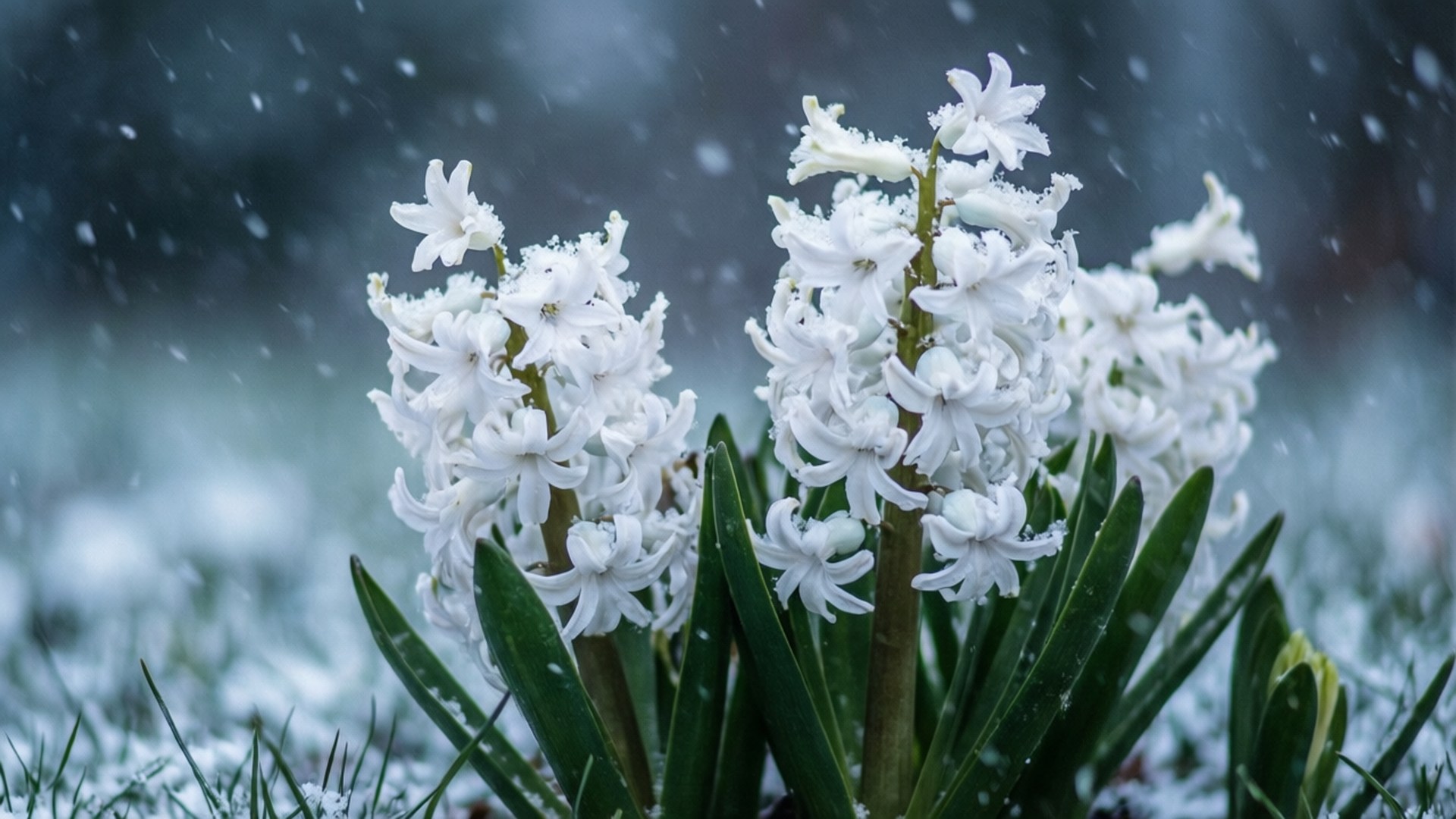 Snowy Hyacinths 壁紙 — 白色風信子在飄雪中頑強綻放，綠葉上覆蓋著霜。