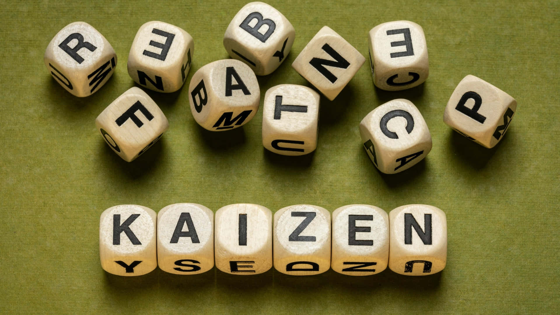  壁紙 — 白色字母骰子在前面拼出「KAIZEN」，後面散落著「CONTINUOUS IMPROVEMENT」，放在橄欖綠色布料上。
