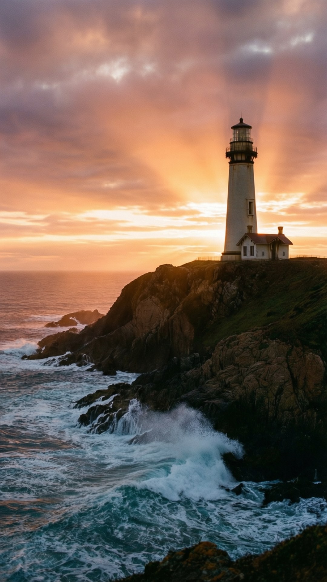 Lighthouse Sunrise Cliff 壁紙 — 一座白色燈塔矗立在崎嶇的懸崖上，金色的陽光穿過雲層，照耀在翻騰的碧綠色海浪上。