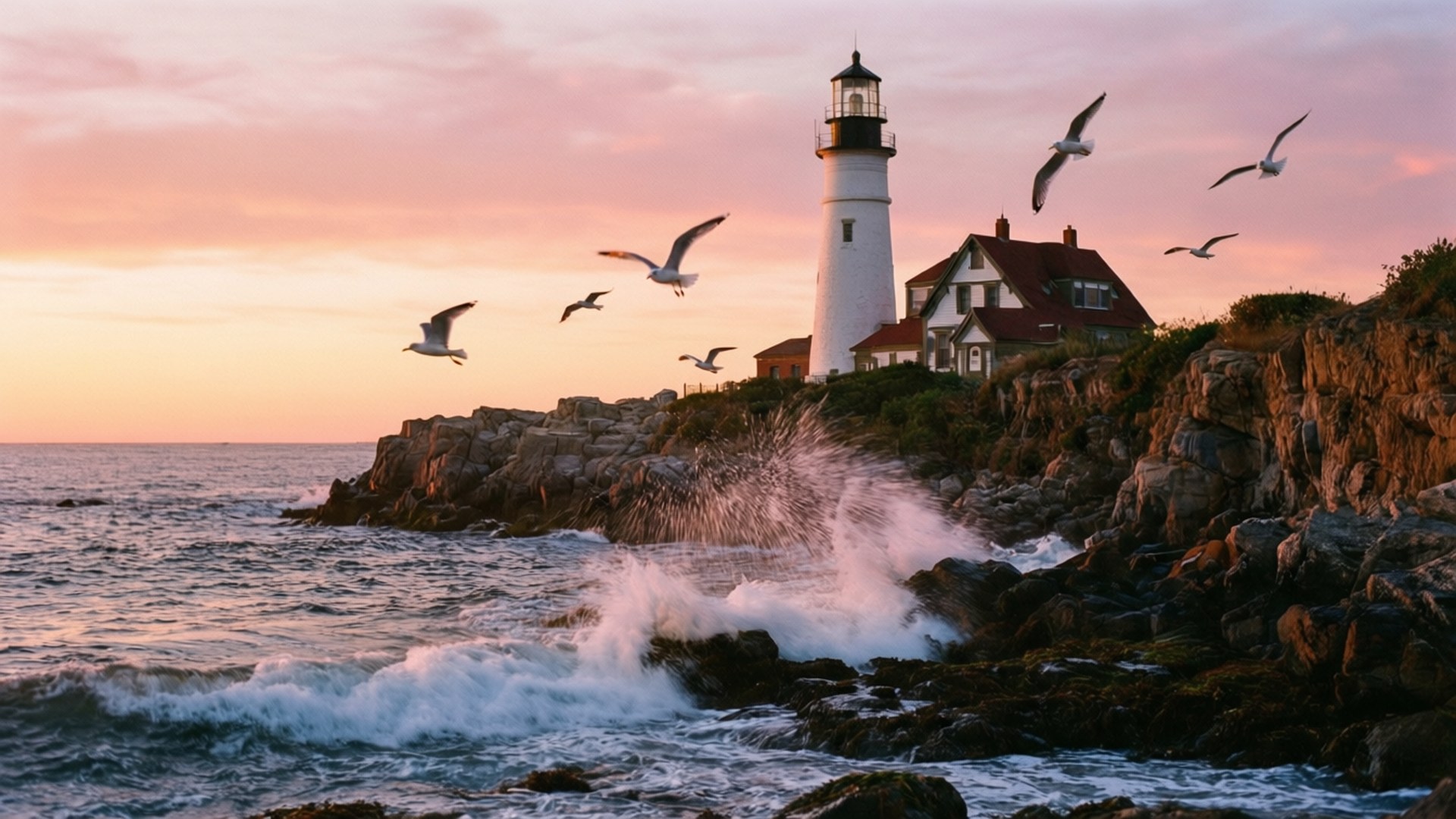 Cape Cod Lighthouse Dawn 壁紙 — 一座白色燈塔矗立在岩石懸崖上，夕陽下海鷗翱翔，海浪在下方拍打。