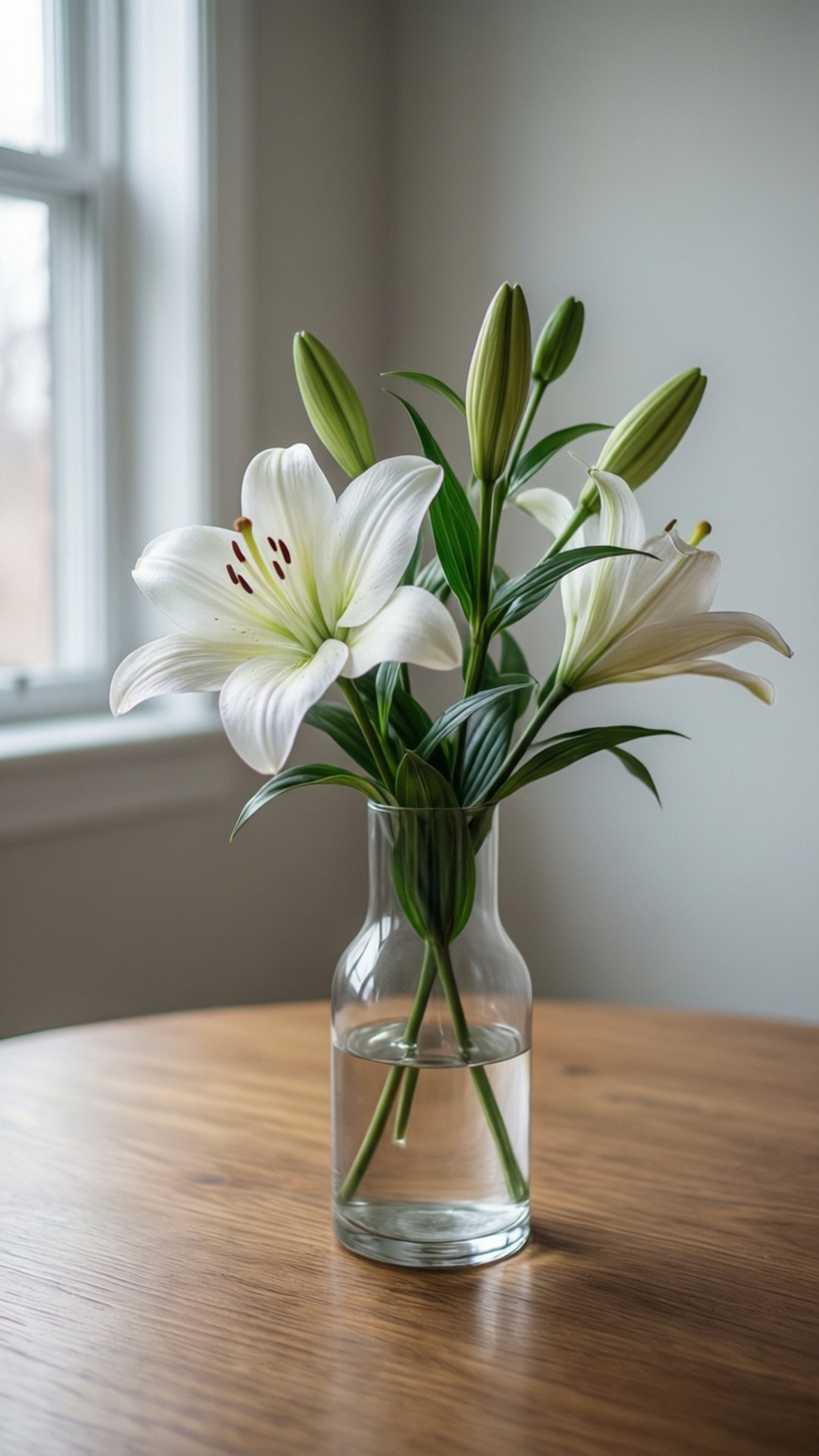 Minimalist White Lily Vase 壁紙 — 一個透明玻璃花瓶盛載著白色百合花，帶有綠色花蕾和莖，放在窗邊的木桌上。