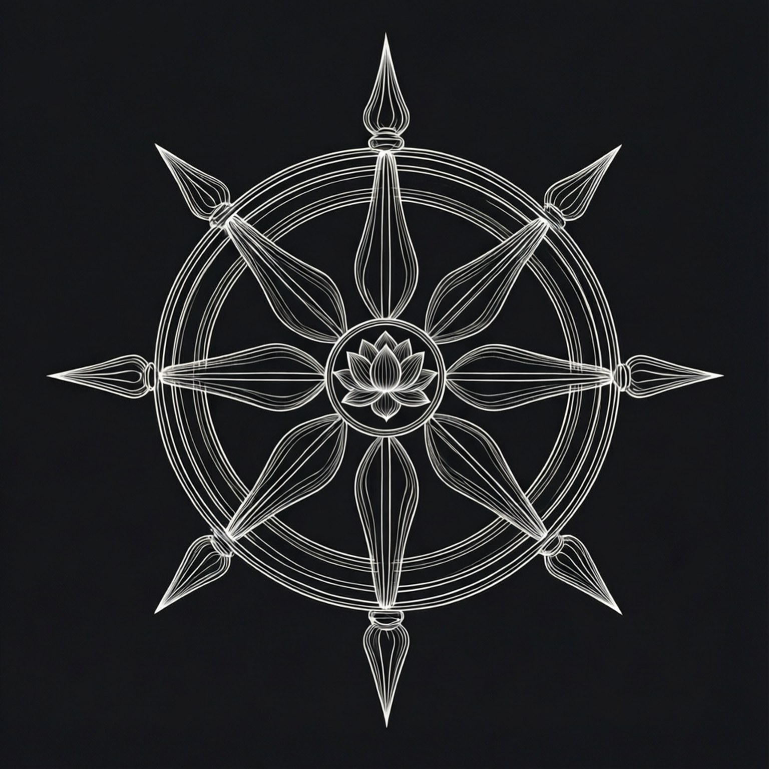 Dharma Wheel 桌布 壁紙 — 一個白色線條藝術的法輪，中心有蓮花，在黑色背景上散發出對稱性。
