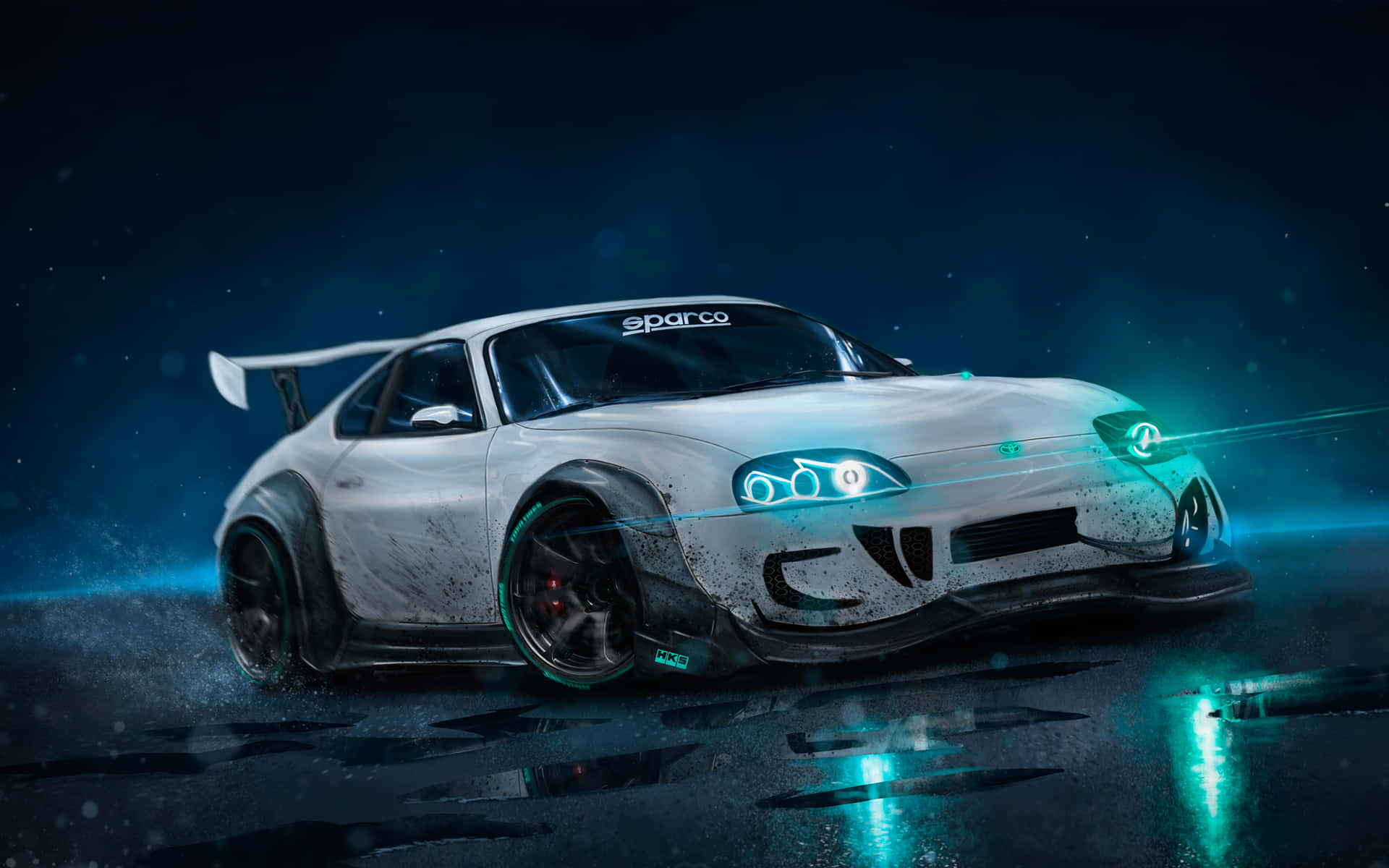 白色甩尾車，在濕滑的夜街上，霓虹燈下，車頭燈發光。 — Toyota Supra 壁紙