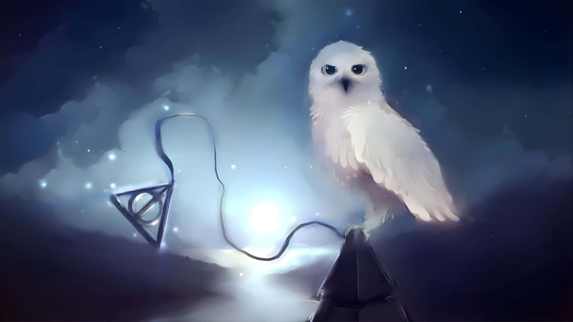  壁紙 — 一隻白色貓頭鷹棲息在黑暗塔頂，背景是繁星點點的夜空，附近漂浮著發光的死神聖物標誌。