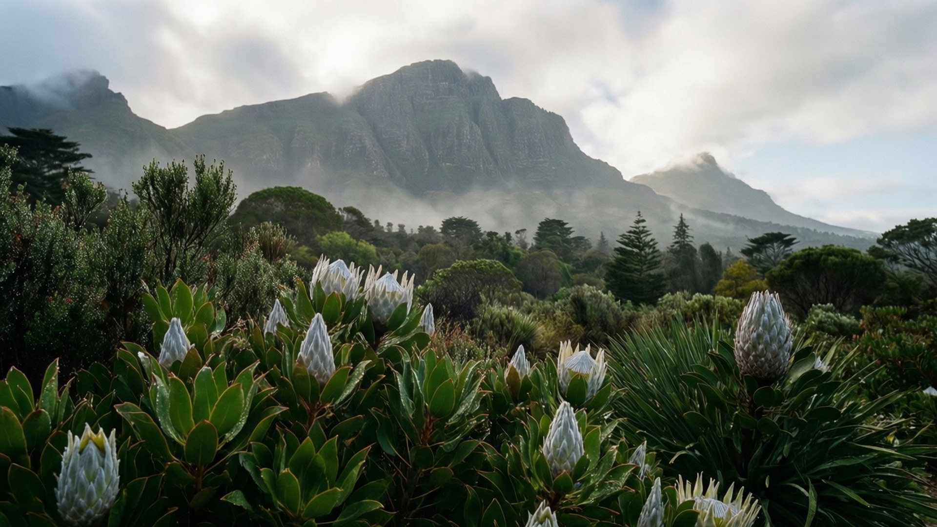 Kirstenbosch Misty Morning 壁紙 — 白色帝王花在茂密綠意中盛開，霧氣繚繞的山巒在陰天背景下升起。
