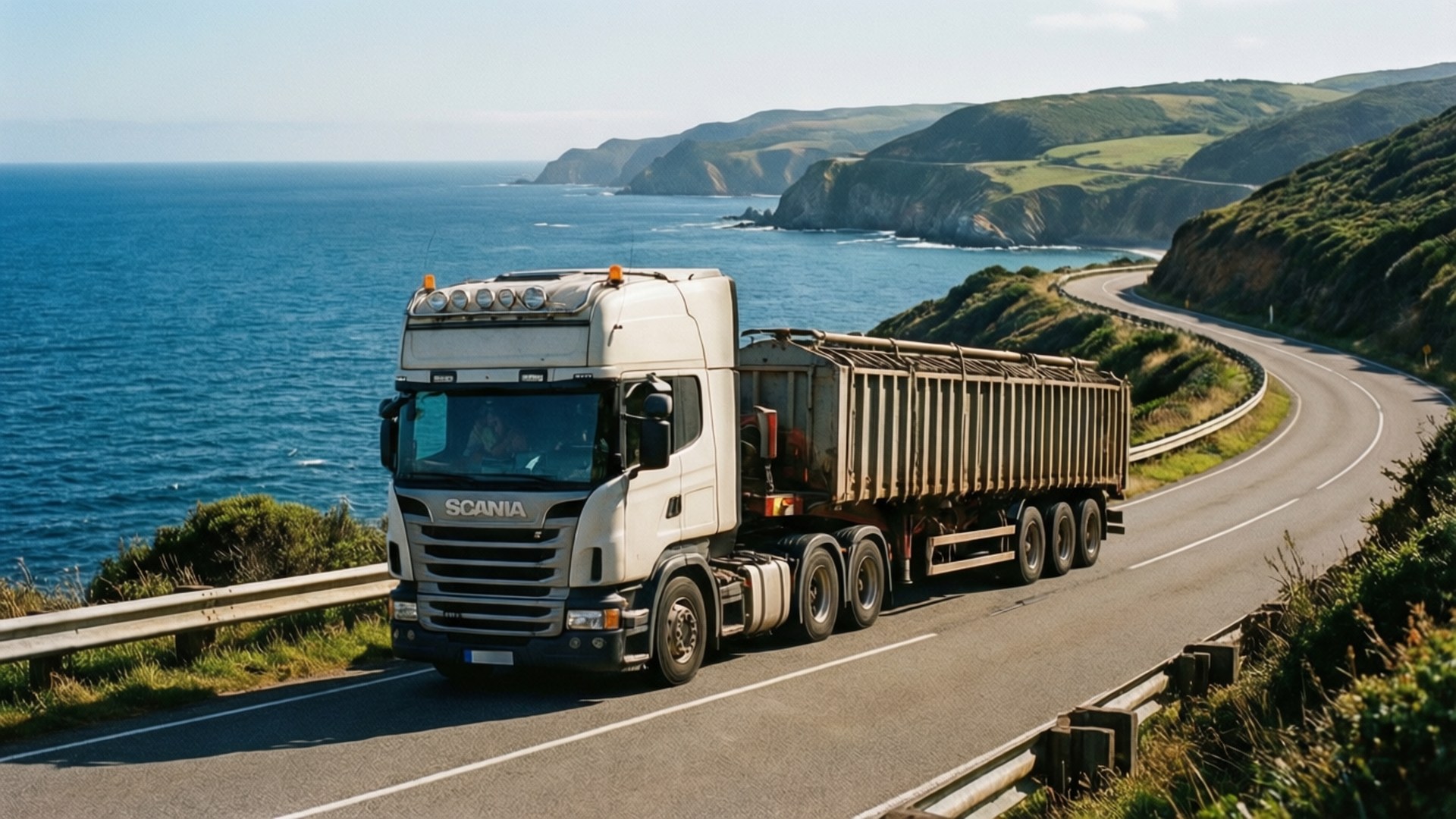 Scania 桌布 壁紙 — 一輛白色Scania卡車沿著蜿蜒的海岸道路，在深藍色海洋和綠色懸崖旁，在明亮的陽光下運送貨物。