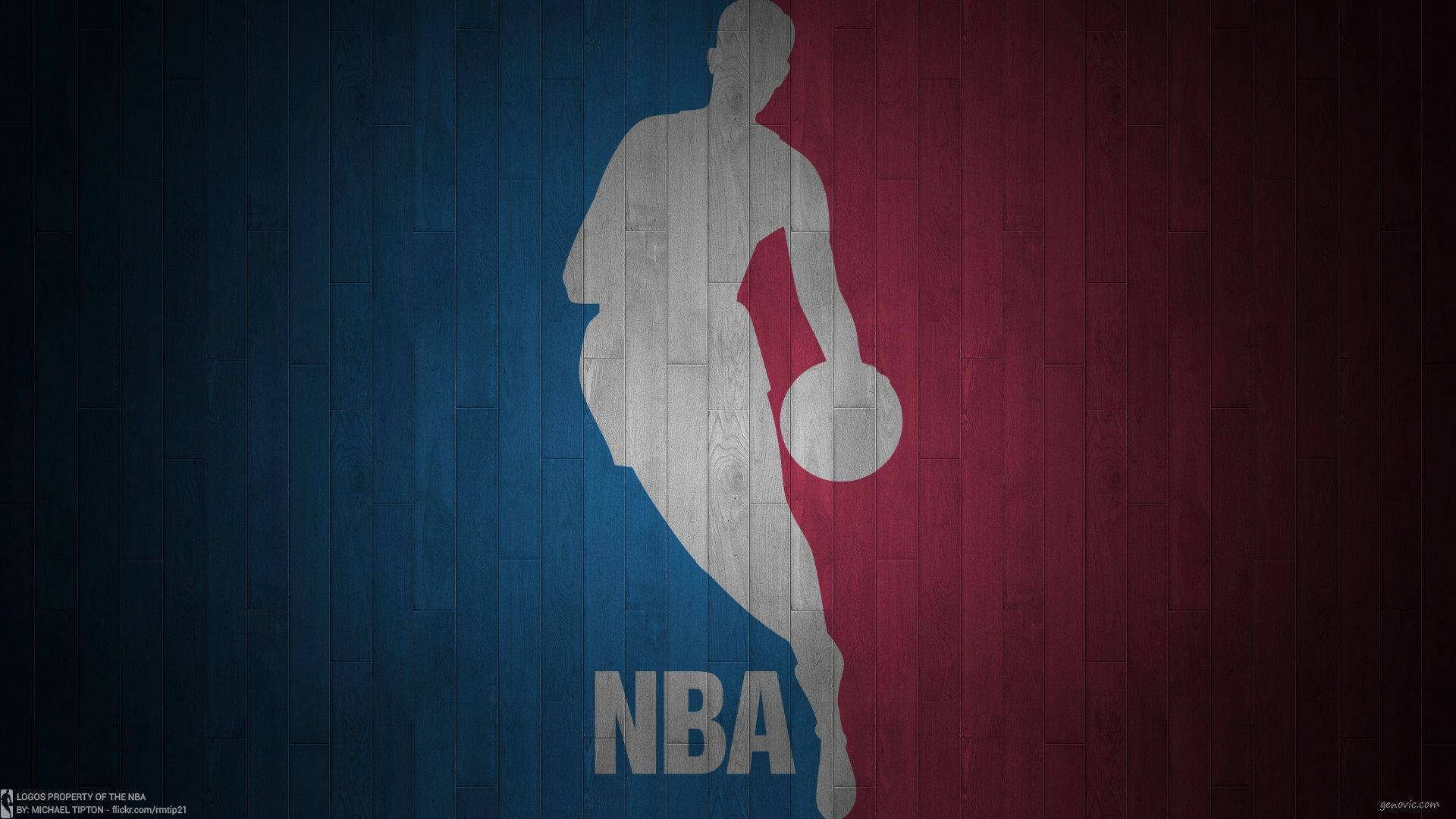 NBA標誌剪影的籃球運動員在木質球場背景上。 — NBA 壁紙