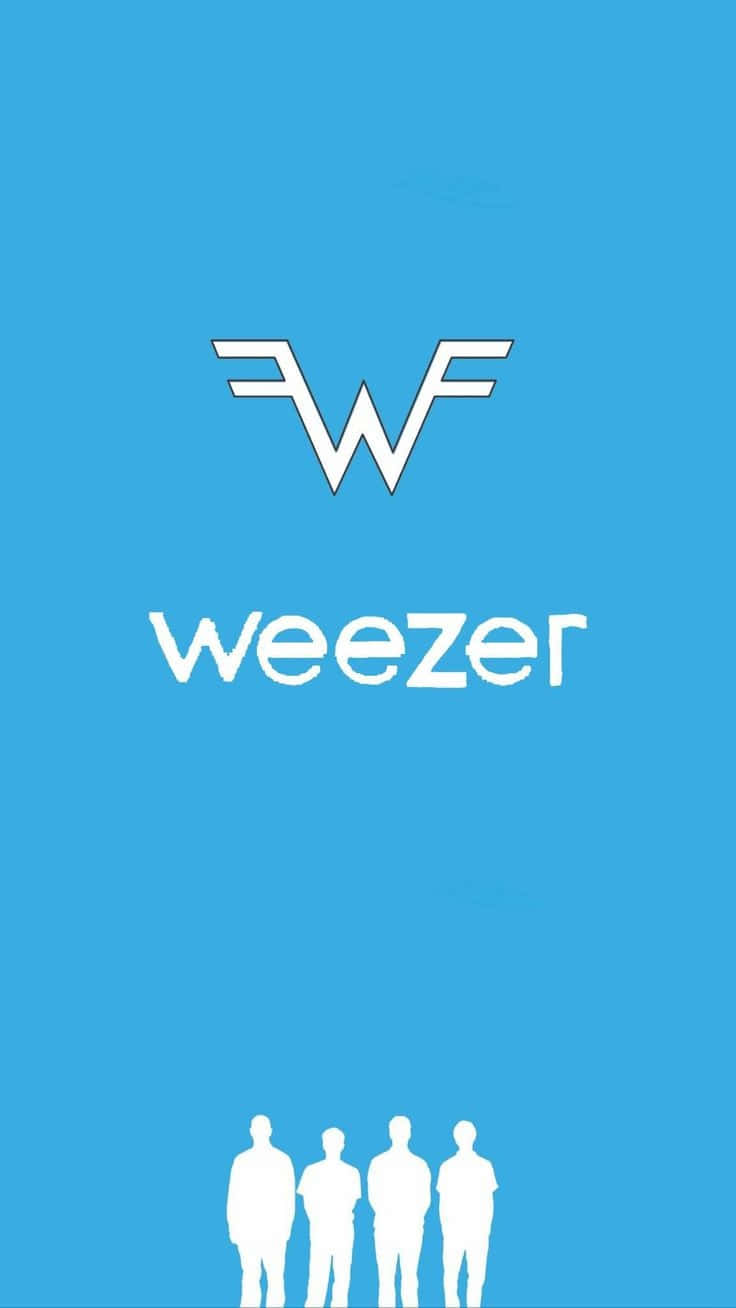  壁紙 — 白色Weezer標誌及樂團剪影在純藍色背景上突出顯示。