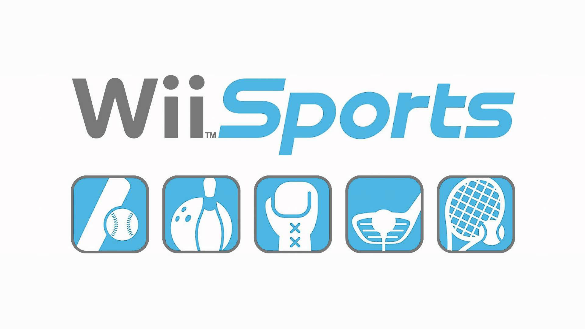 運動 桌布 壁紙 — Wii Sports 標誌，有五個藍色圖示，顯示棒球、保齡球、拳擊、高爾夫和網球。