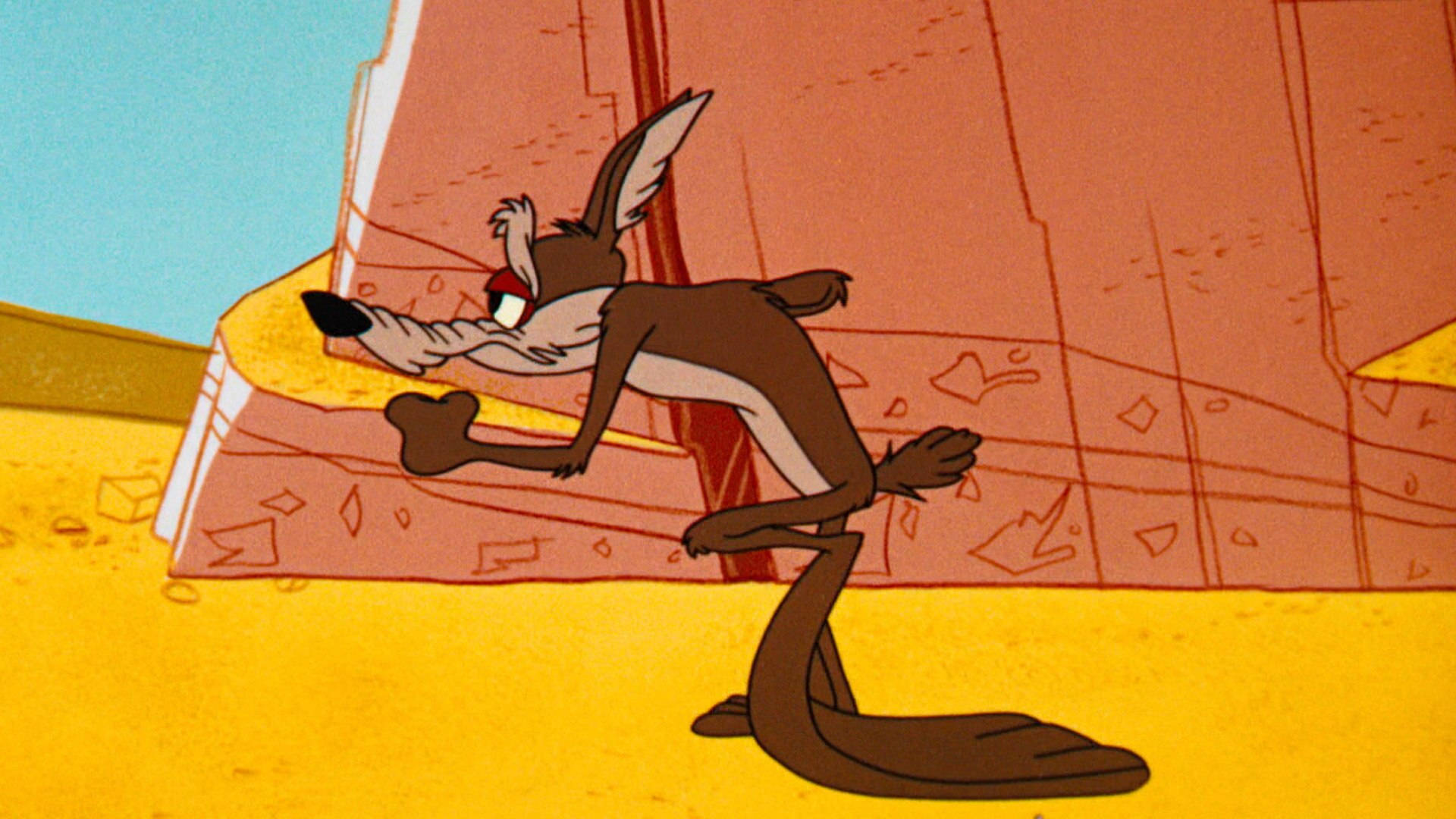 Coyote 桌布 壁紙 — Wile E. Coyote 在一個有紅色岩層和明亮藍天的沙漠峽谷中滑稽地伸展身體。