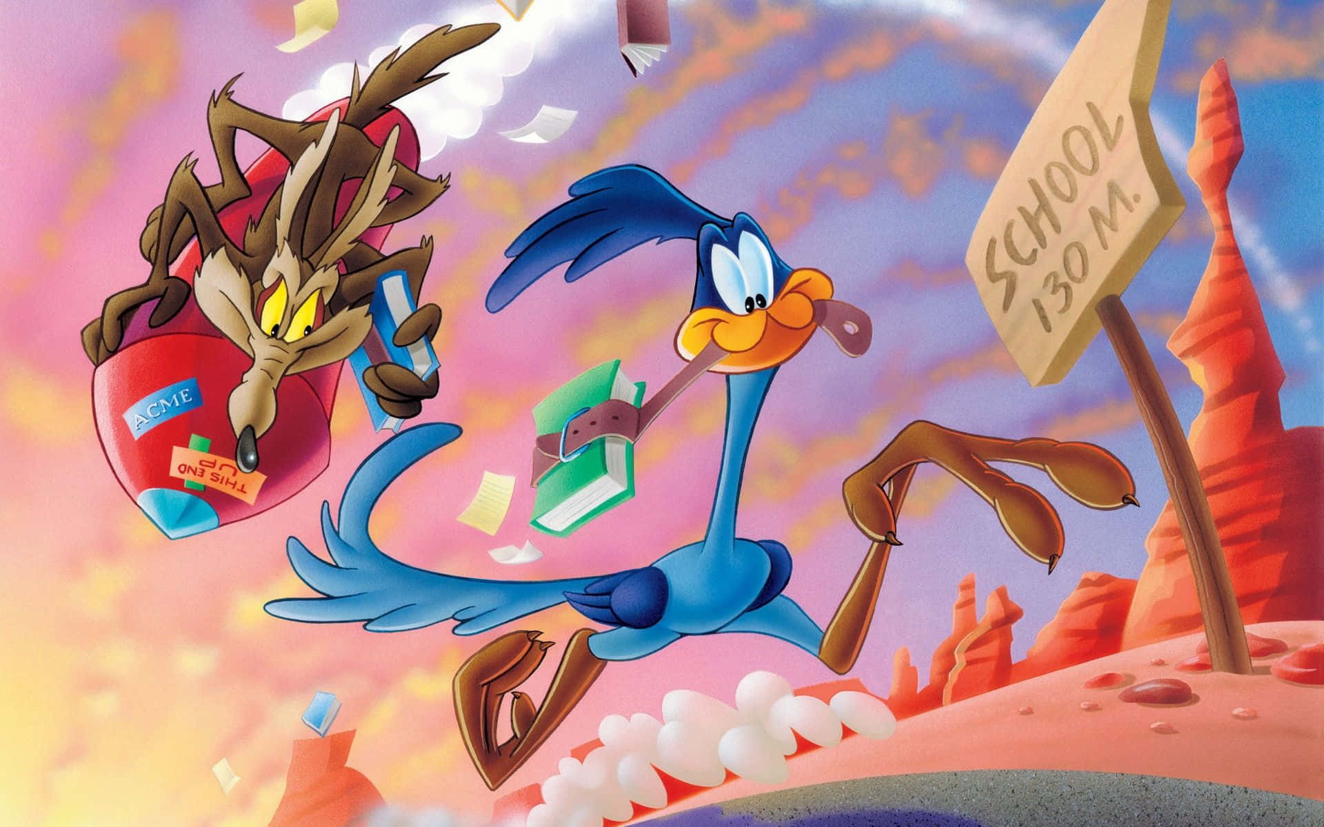 Dogs 桌布 壁紙 — Wile E. Coyote 在沙漠景觀中追趕 Road Runner，書本飛揚，附近有個 'SCHOOL 130 M.' 標誌。