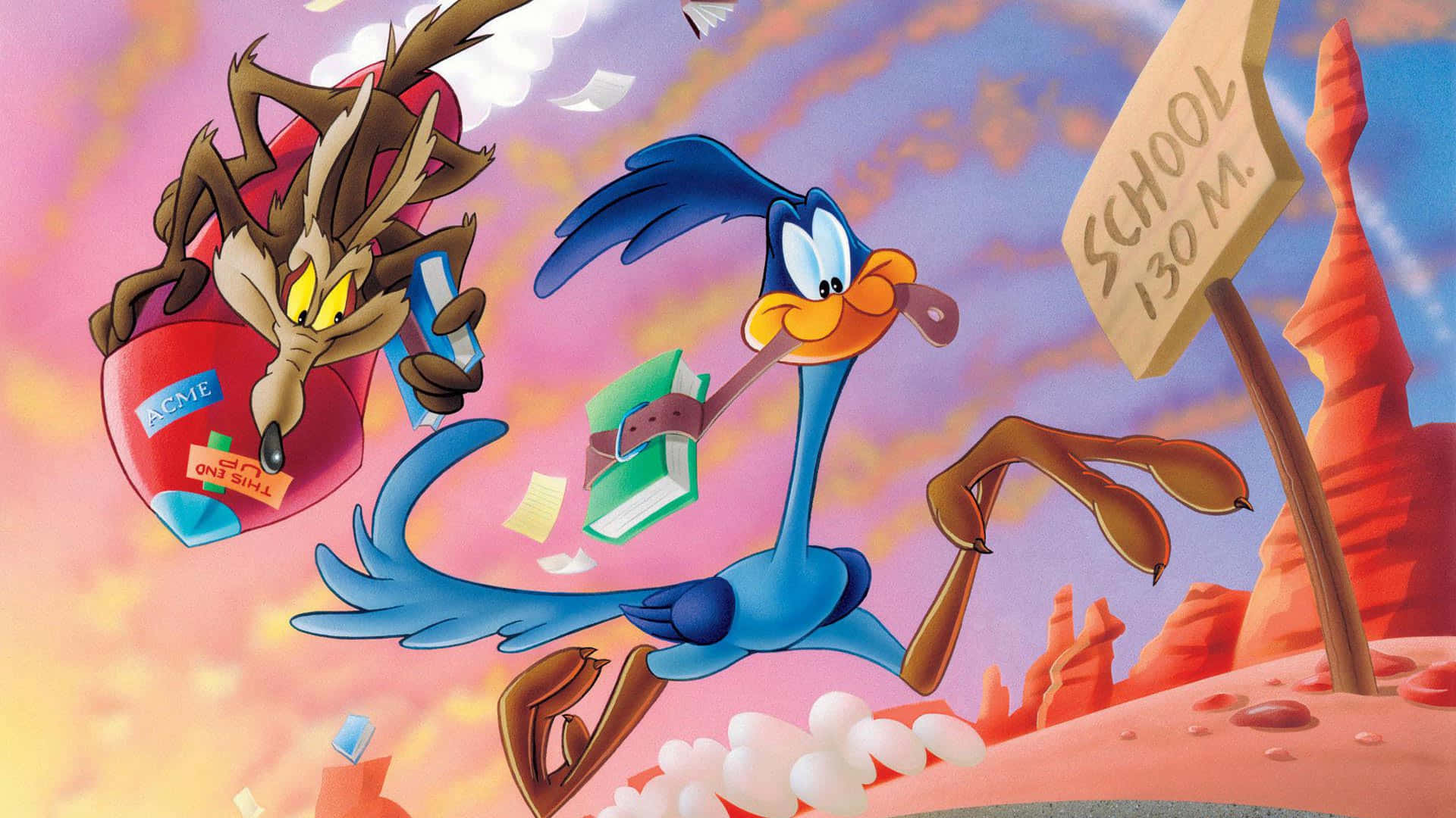 樂一通 桌布 壁紙 — Wile E. Coyote 在沙漠景觀中追逐Road Runner，有一個'SCHOOL 130 M.'標誌，書籍在空中飛舞。