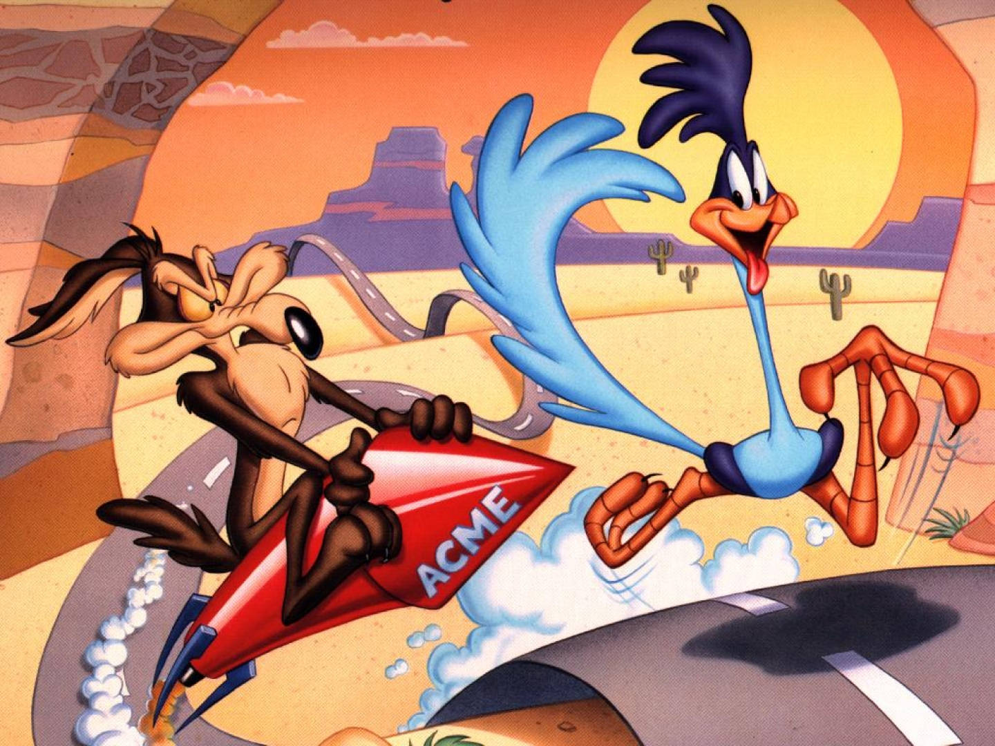 跑步者 桌布 壁紙 — Wile E Coyote 在經典的樂一通動畫中，在夕陽下穿越沙漠公路追趕 Road Runner。