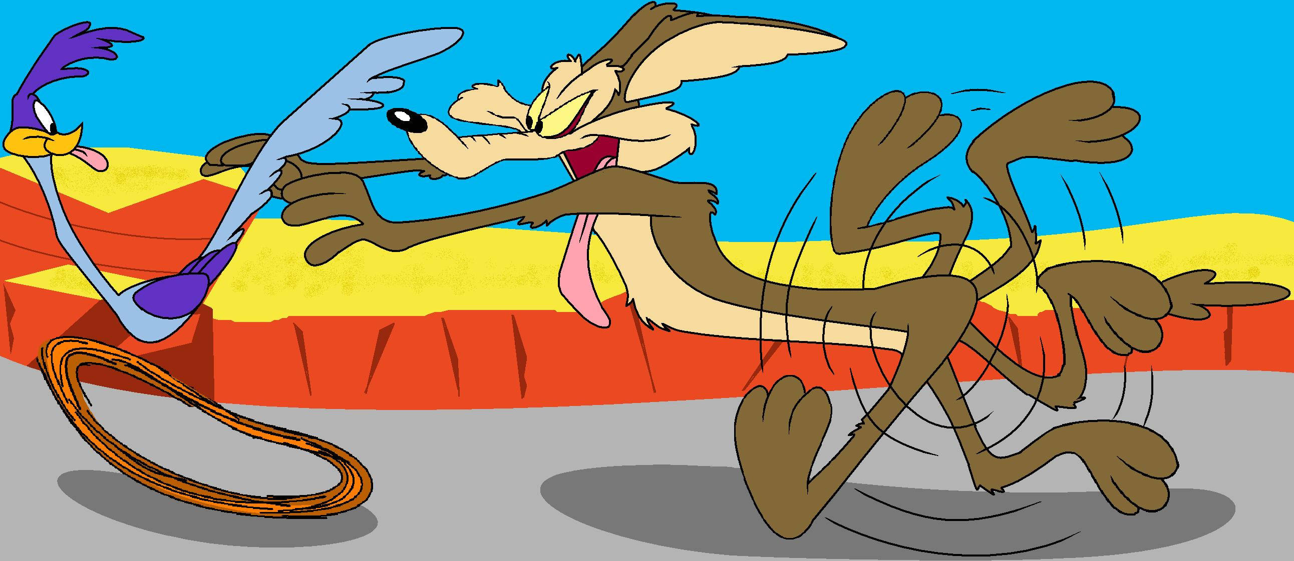 Coyote 桌布 壁紙 — Wile E. Coyote 瘋狂地追趕著 Road Runner，一場經典卡通追逐在色彩繽紛的條紋背景中展開。