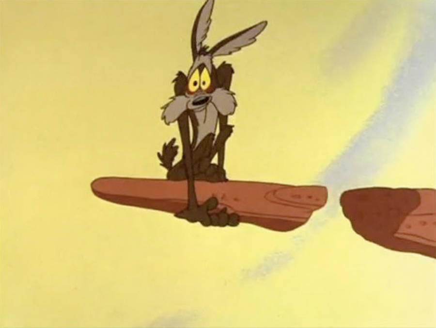 Coyote 桌布 壁紙 — Wile E. Coyote 站在浮石上，面對溫暖的黃色天空，表情驚嚇。