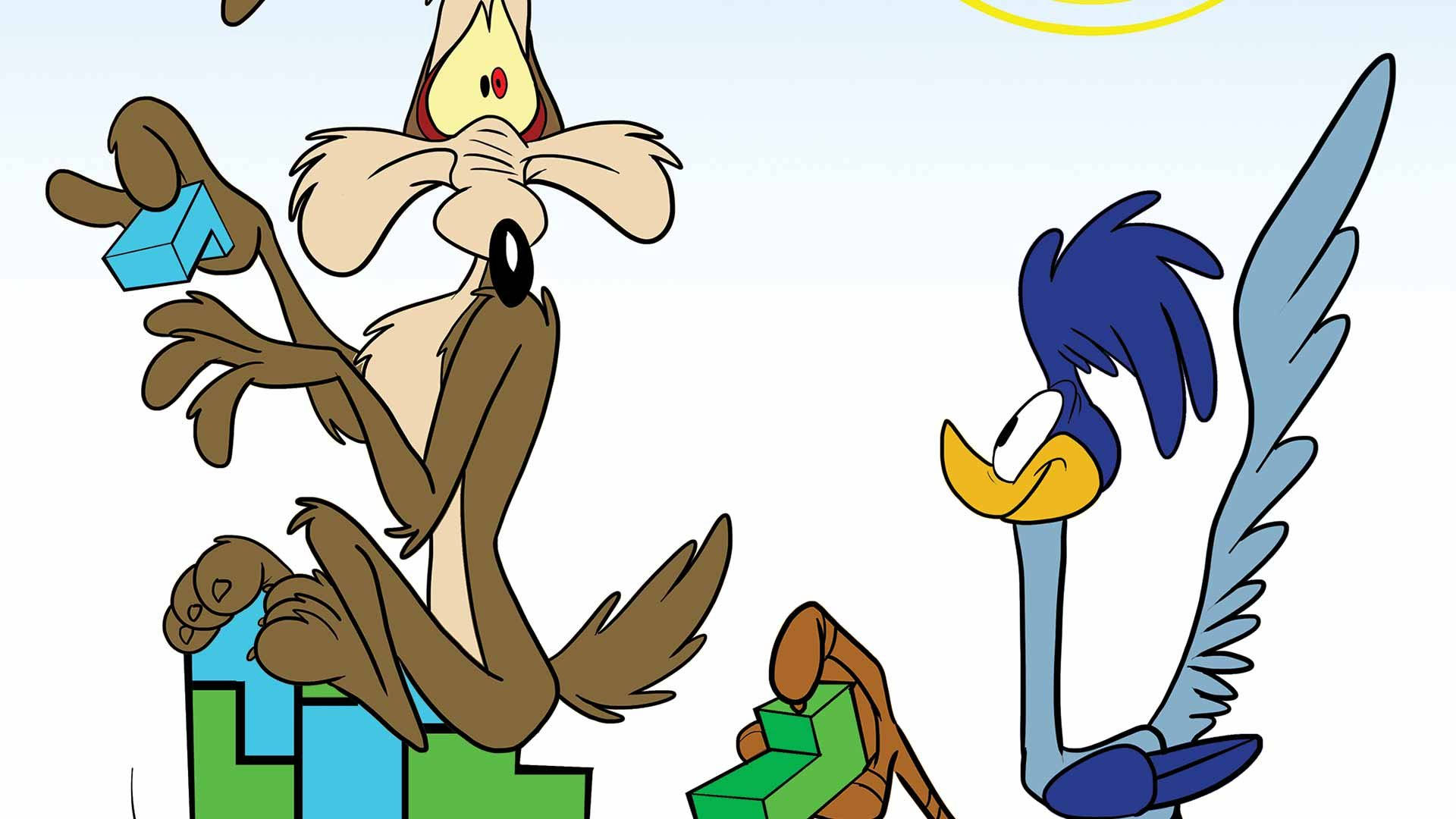 Coyote 桌布 壁紙 — Wile E Coyote 與 Road Runner 在經典卡通追逐場景中，搭配積木和沙漠背景。