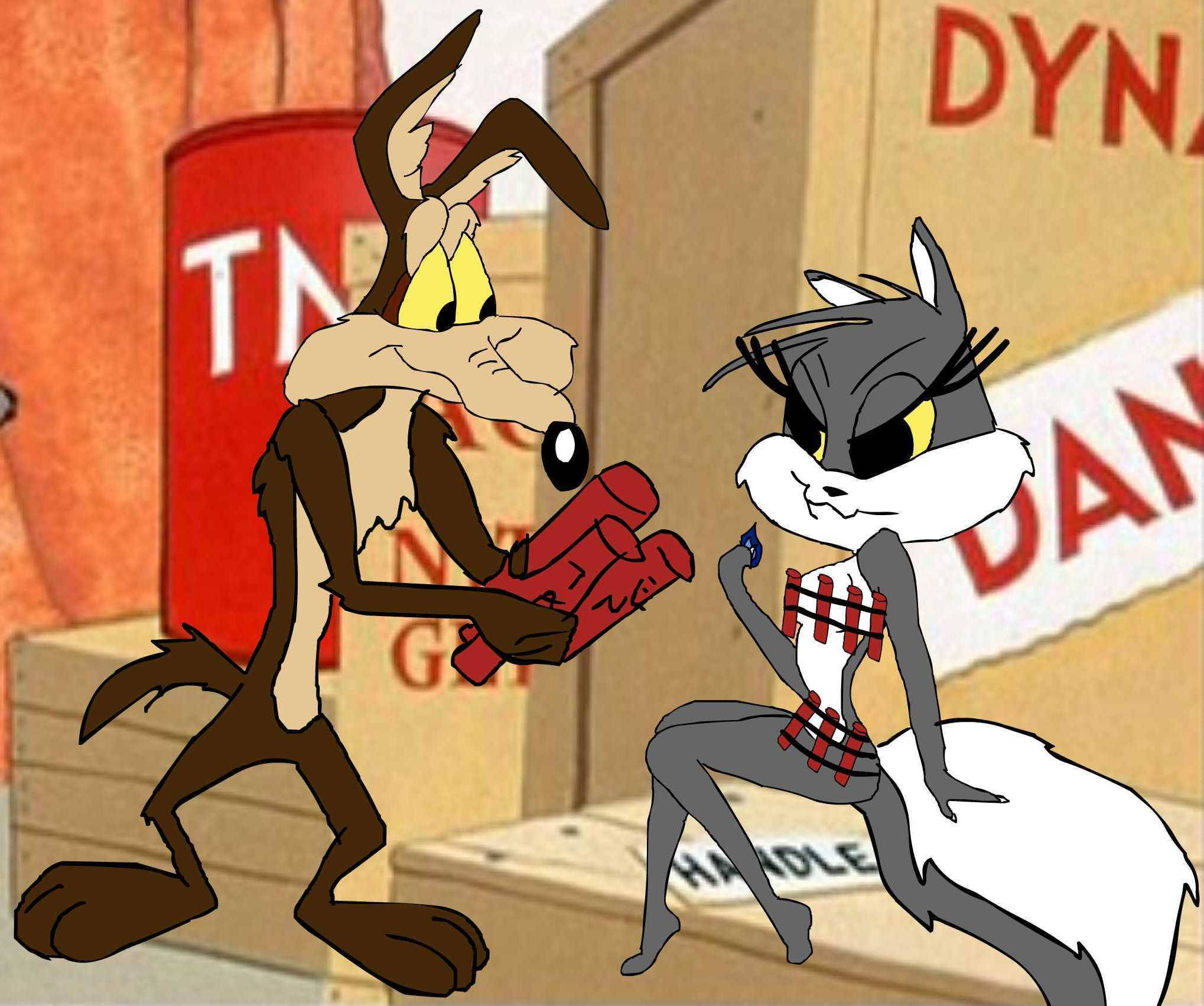 Coyote 桌布 壁紙 — Wile E Coyote 與一隻雌性貓卡通角色在倉庫中手持炸藥對峙。