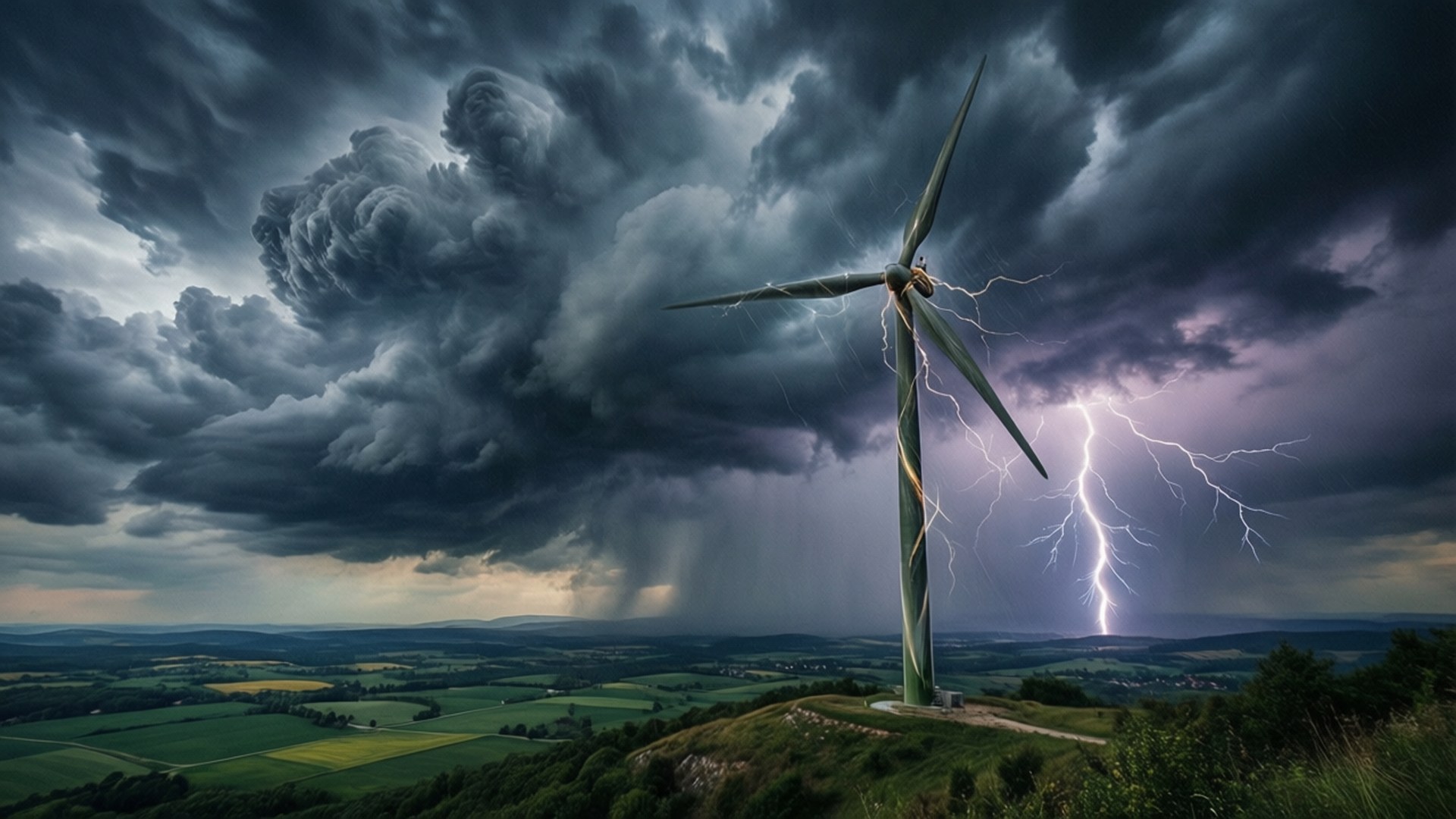 Turbine Under Storm 壁紙 — 一座高聳的風力渦輪機在暴風雨的天空下屹立不搖，閃電在附近起伏的綠色景觀上劃過。