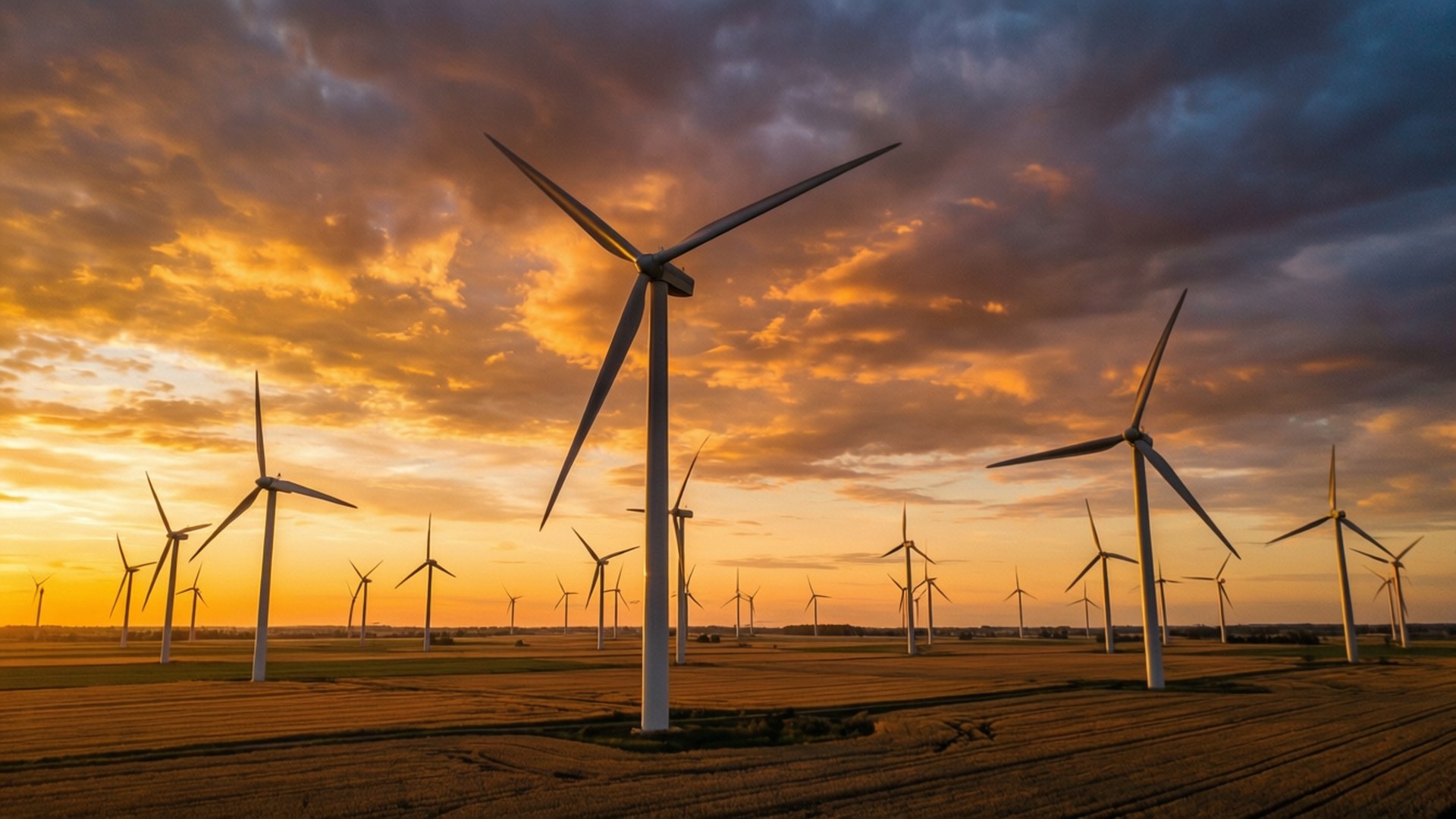 桌布 壁紙 — 風力發電機高聳在金黃色的田野上，天空是戲劇性的日落，帶有火橙色和深紫色的雲彩。