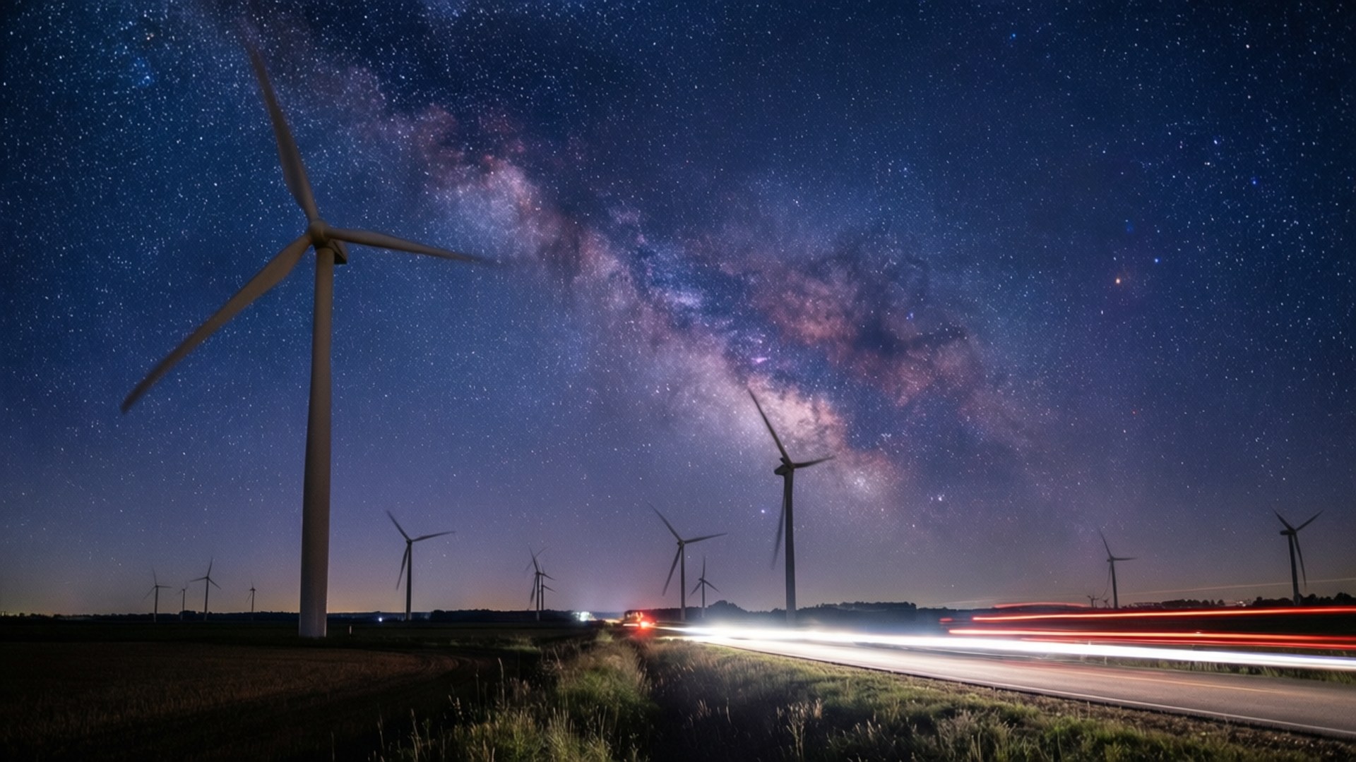 Starry Night Turbines 壁紙 — 風力發電機在繁星點點的夜空下高聳，銀河在佈滿車燈光跡的道路上方閃耀。
