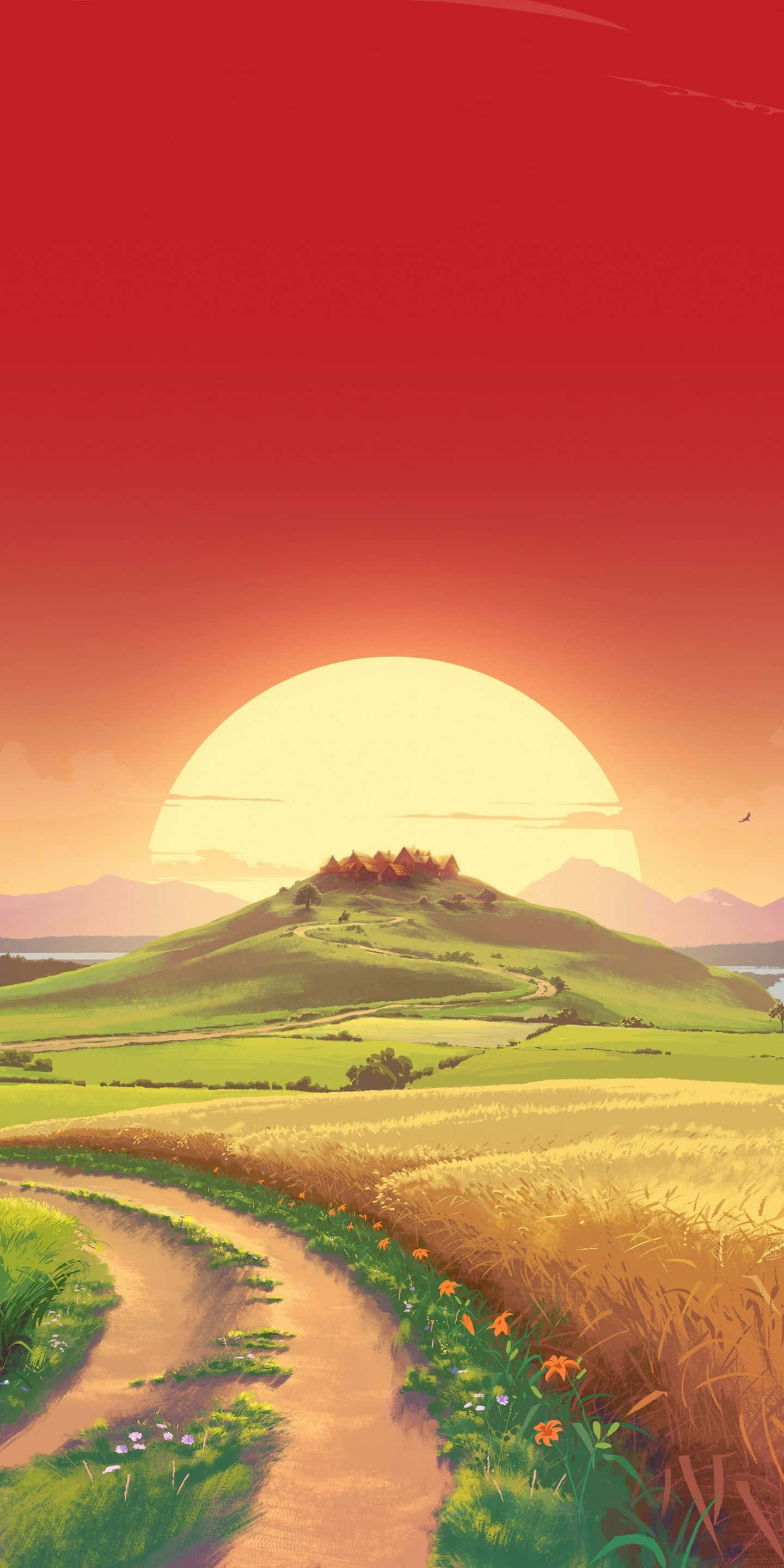 Sunset Painting 桌布 壁紙 — 一條蜿蜒的泥土小徑穿過金色麥田，通往山頂村莊，上方是熾熱紅空中一輪巨大的太陽。
