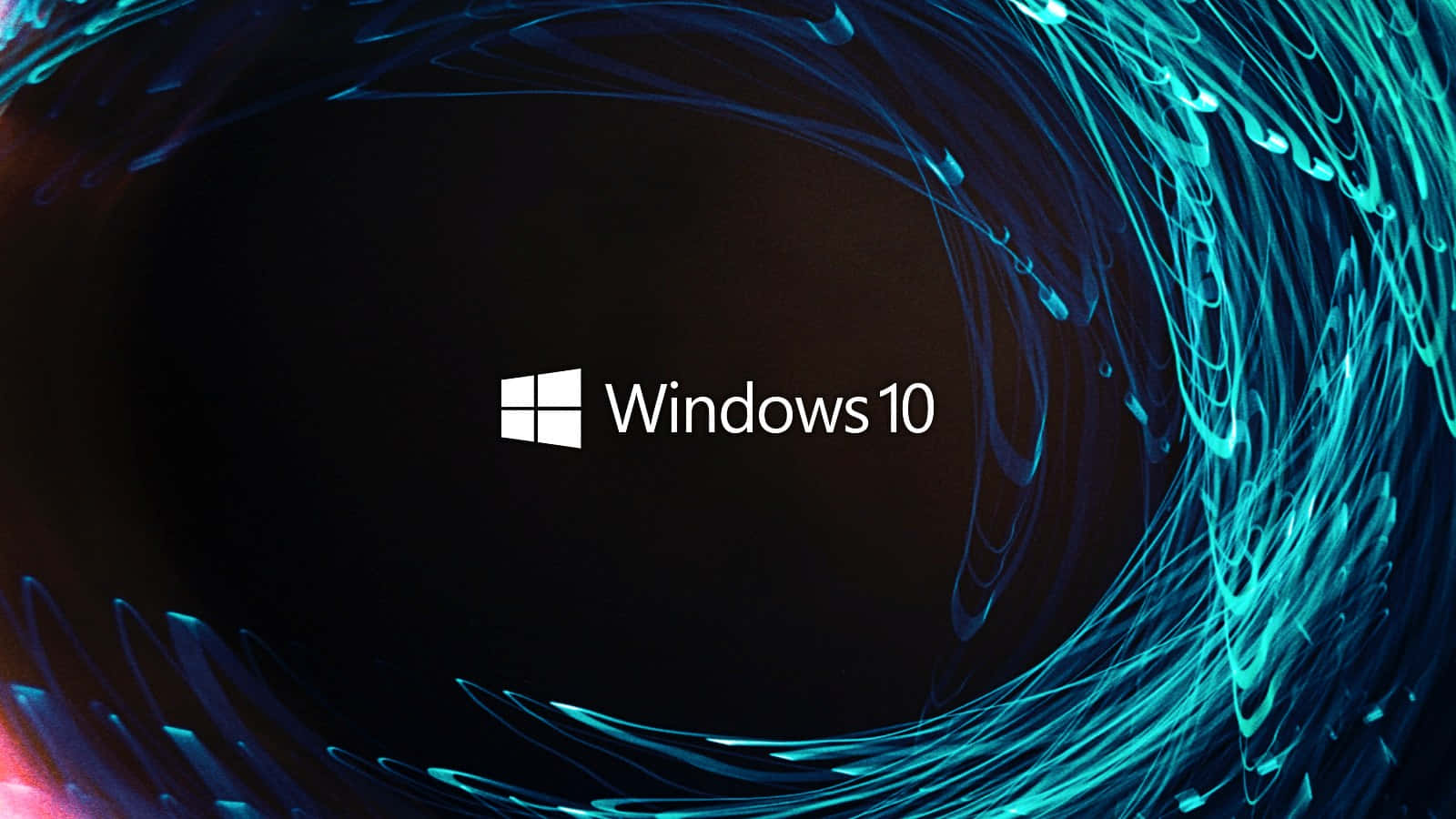 Windows 10 標誌被旋轉的藍色和青綠色數位光跡包圍。 — Windows 11 壁紙