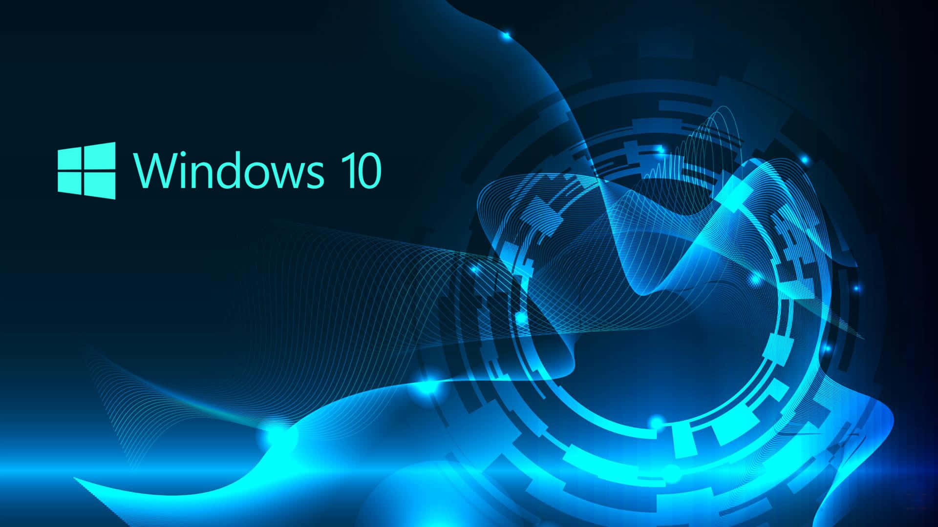  壁紙 — Windows 10 標誌在深藍色抽象數位背景上以青色發光，背景帶有流動的電路線和發光粒子。