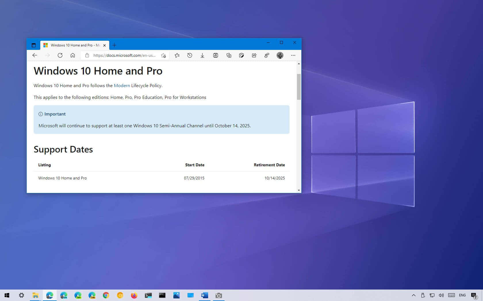 Windows Computer 桌布 壁紙 — Windows 10 桌面，瀏覽器打開到支援頁面，背景為紫色漸層，帶有標誌性視窗標誌。