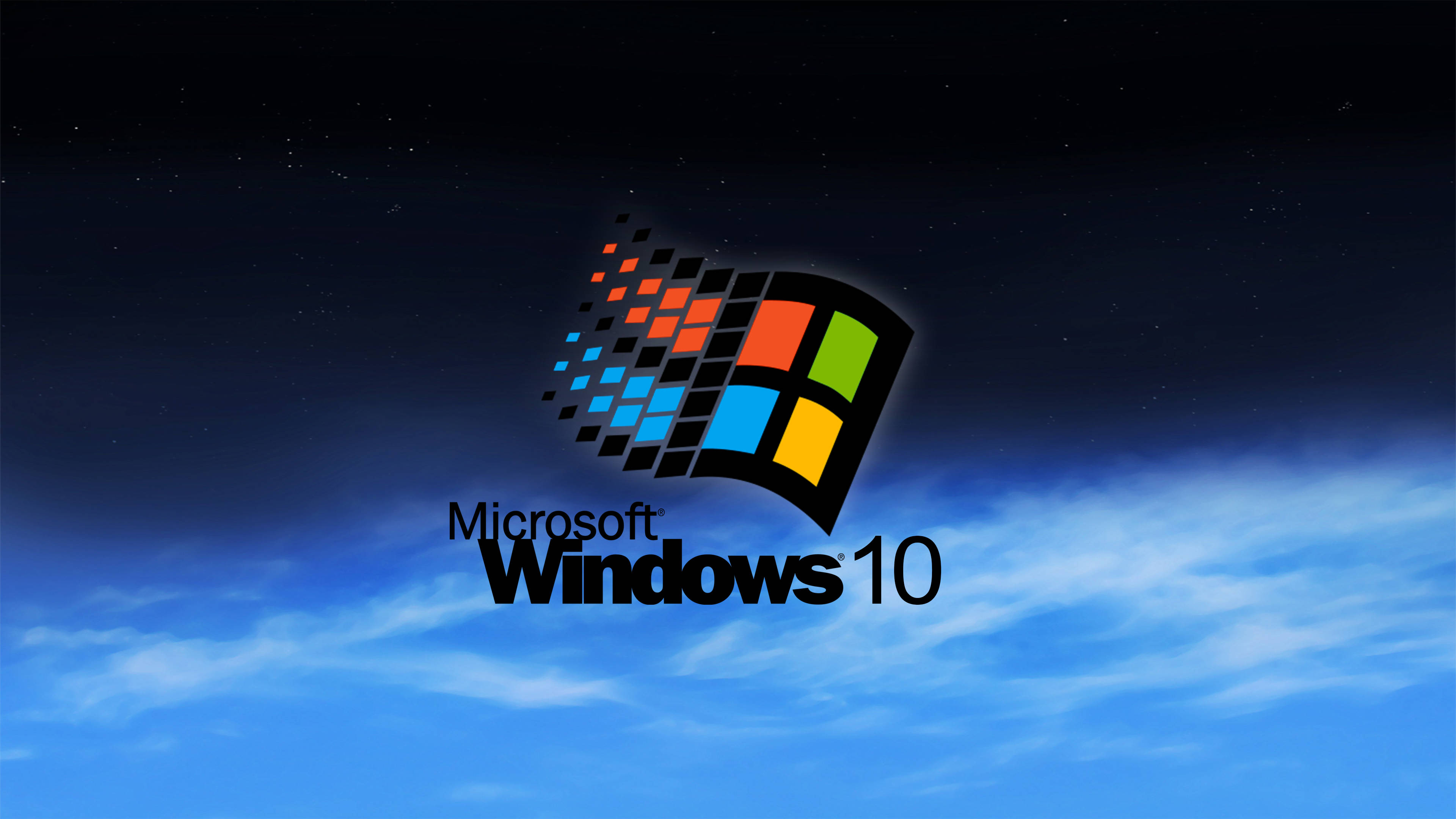 Windows 95 動態圖 桌布 壁紙 — Windows 10 標誌，帶有彩色像素化視窗，背景是繁星點點的夜空和藍色雲朵。