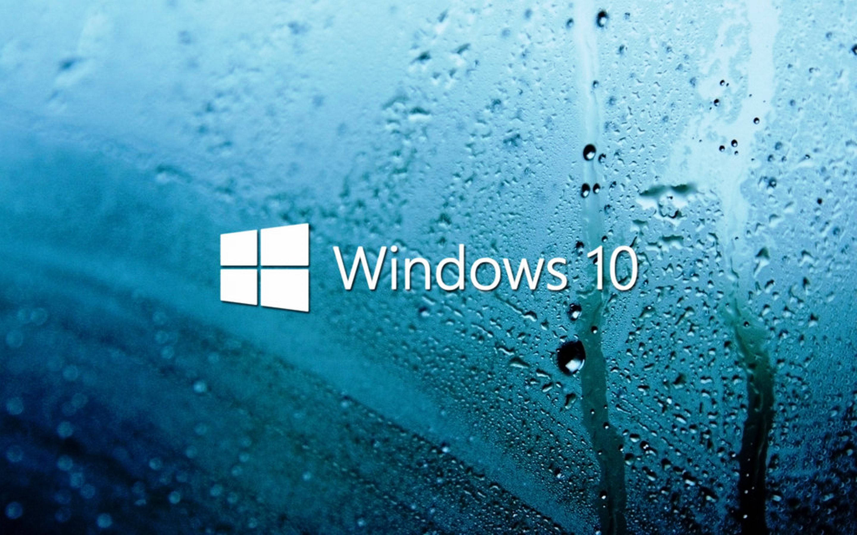 Windows 10 高畫質 桌布 壁紙 — Windows 10 標誌出現在佈滿雨滴的玻璃表面上，帶有冷藍色調和模糊背景。