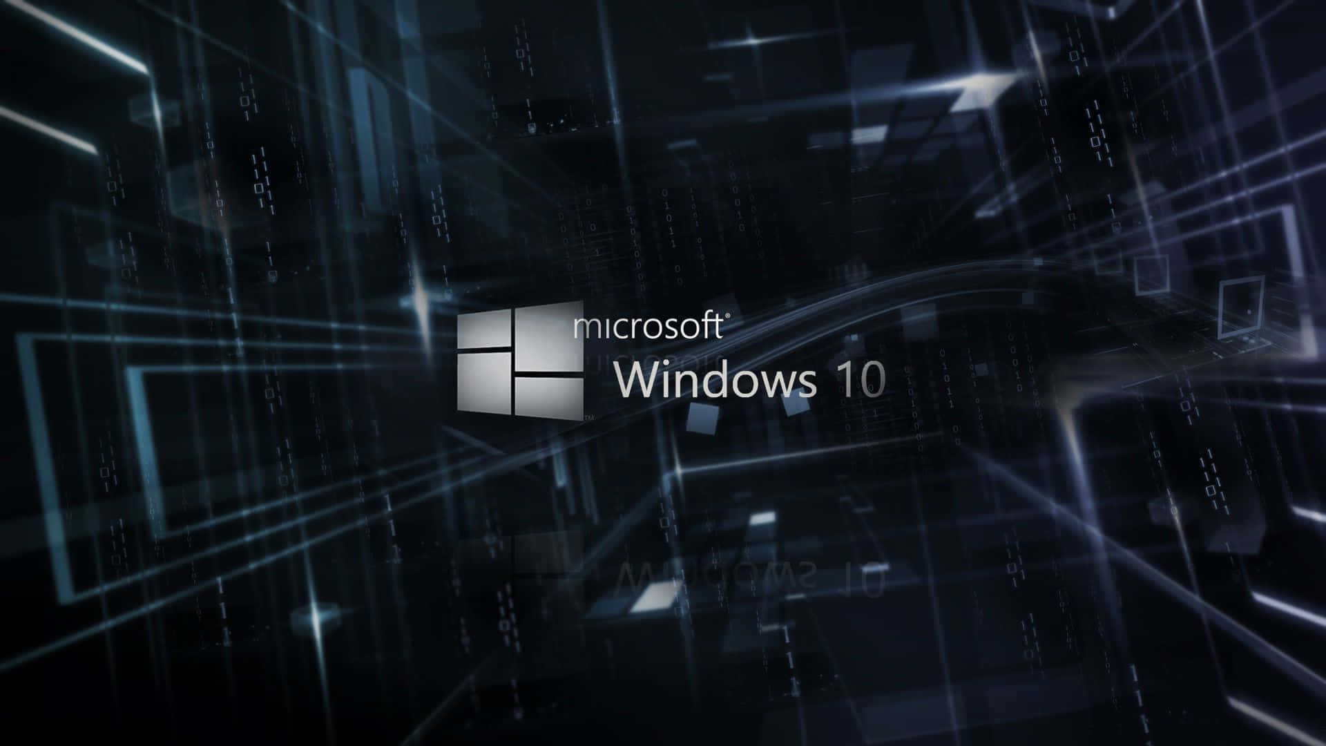 Black Windows 桌布 壁紙 — Windows 10 標誌在充滿浮動二進制代碼和發光藍線的黑暗數位空間中發光。