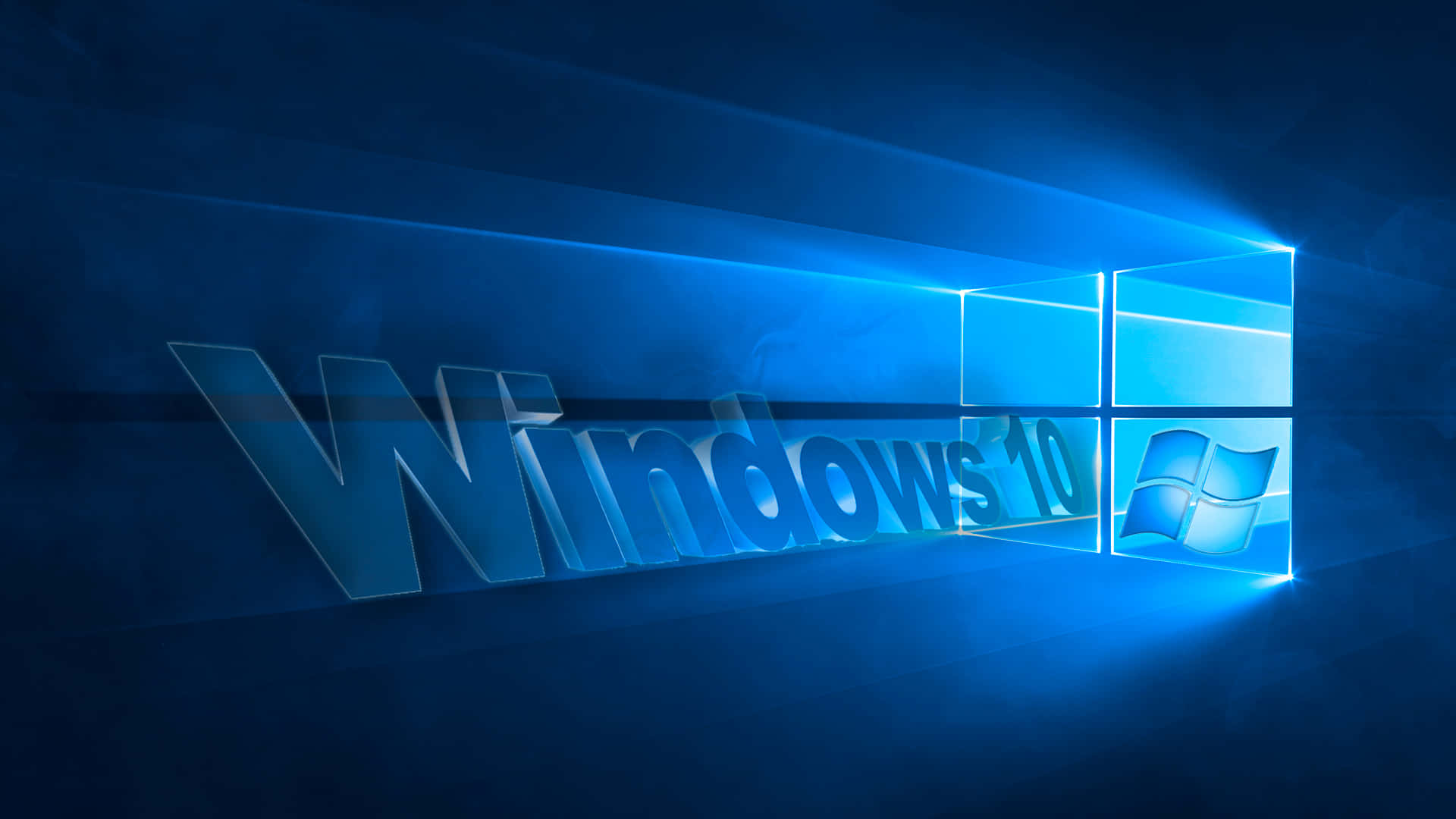 Windows 10 桌布 壁紙 — Windows 10 標誌在黑暗背景下透過玻璃窗發出鮮豔的藍光。