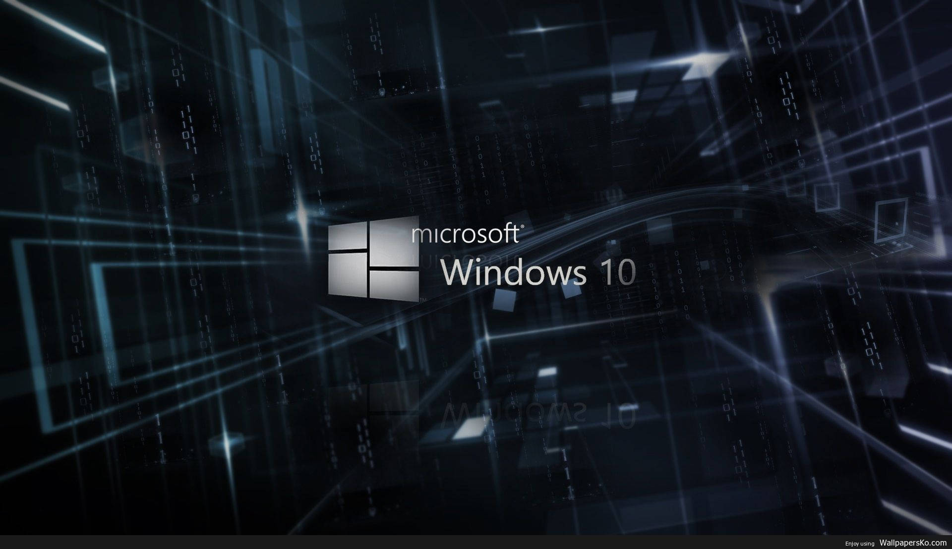 Windows 10 桌布 壁紙 — Windows 10 標誌在黑暗的數位空間中發光，帶有浮動的二進制代碼和發光的藍色線條。
