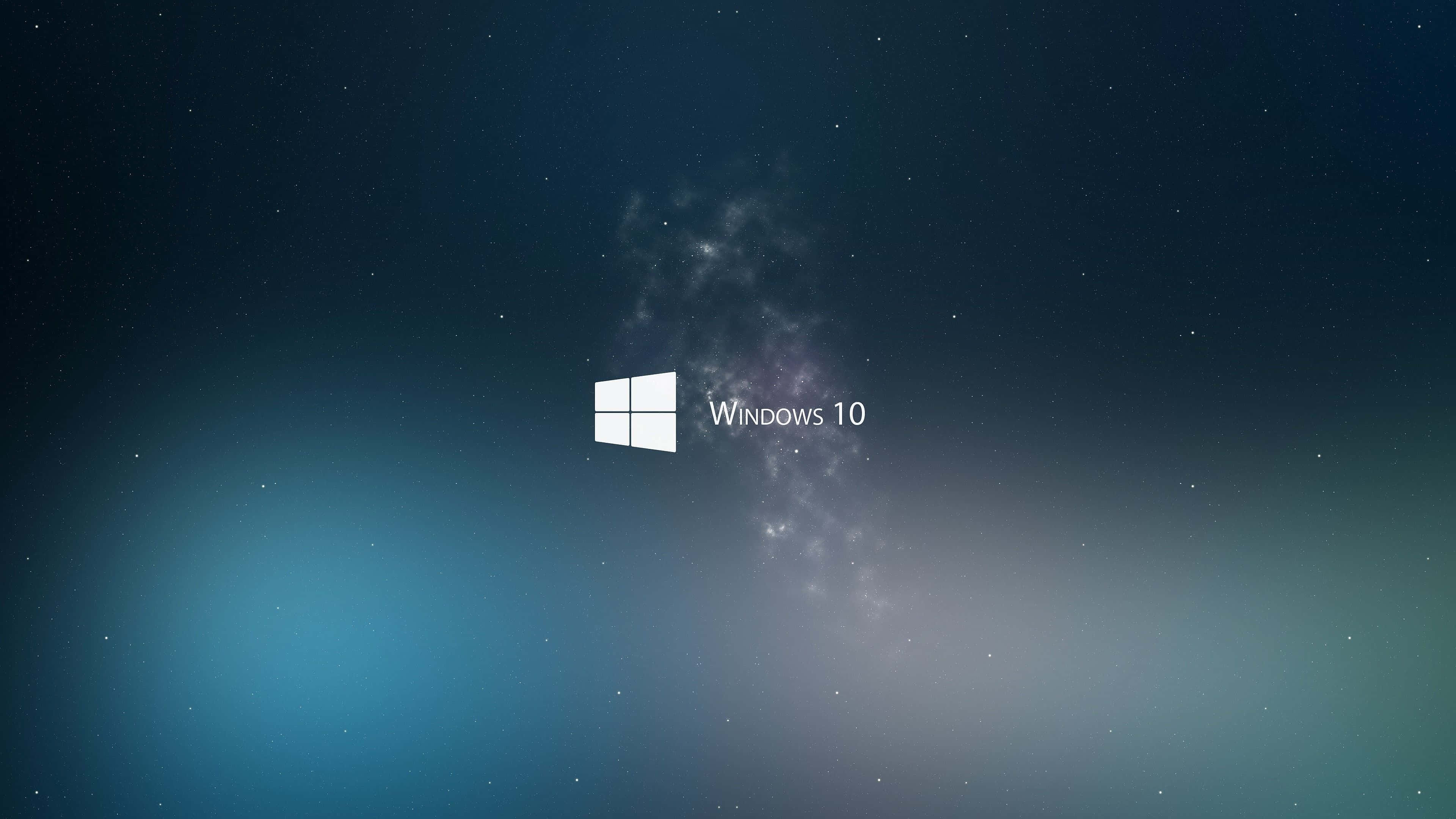 4K Display 桌布 壁紙 — Windows 10 標誌居中對齊，背景為星空宇宙，帶有藍色和藍綠色星雲。