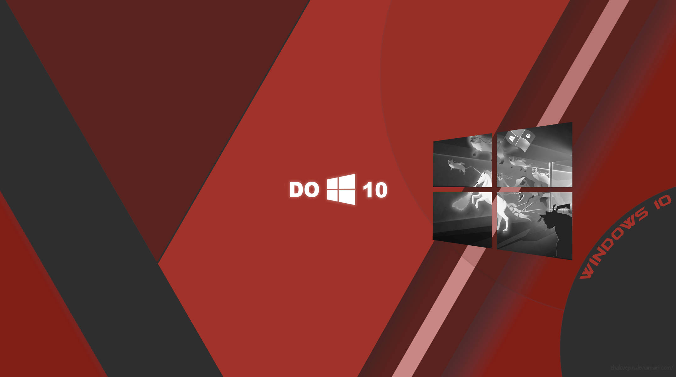 Windows 10 高畫質 桌布 壁紙 — Windows 10 標誌居中於大膽的紅色和黑色幾何背景上，並帶有單色照片拼貼。